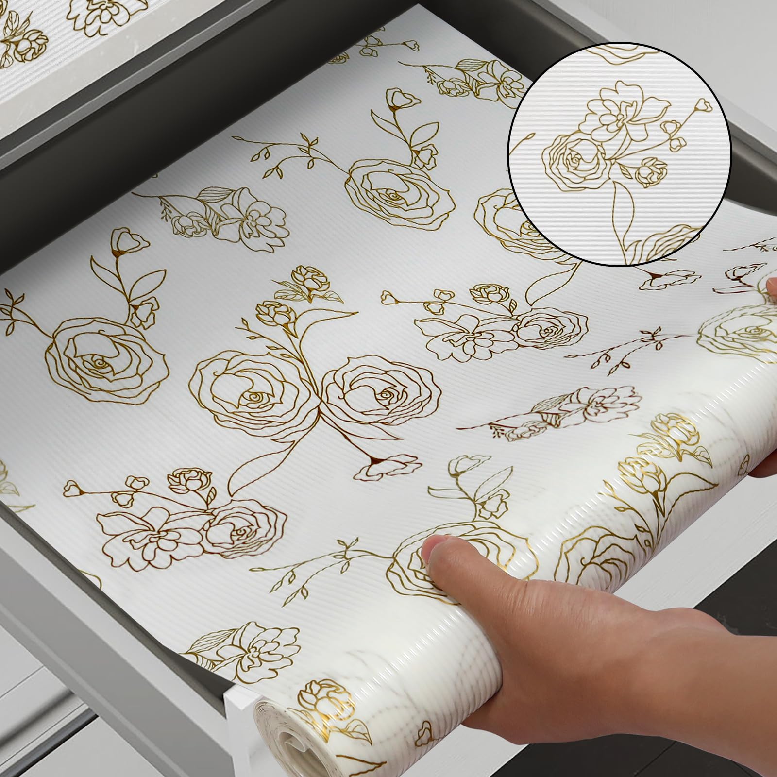 Shelf Cabinet Liner for Kitchen- Non Adhesive Drawer Liner Refrigerator Liner, Premium Waterproof Shelf Paper Protect Surface, Non Slip Easy to Clean Durable EVA Material, Gold Roses, 18 in x 30FT