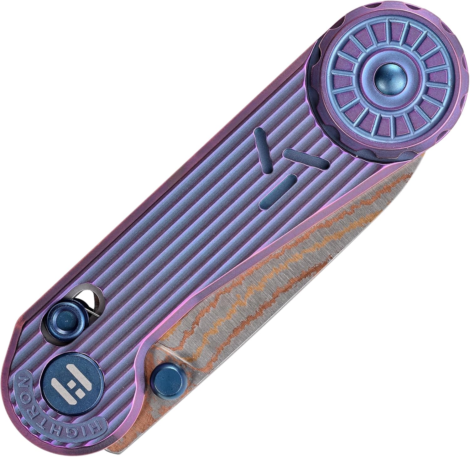 Hightron EdgePlay Premium Fidget Knife 2.64" Copper Damascus Blade and Titanium Handle Tactical EDC Knives with Pocket Clip Axle Lock for Men Women Lightweight Folding Knife for Outdoor Indoor Purple