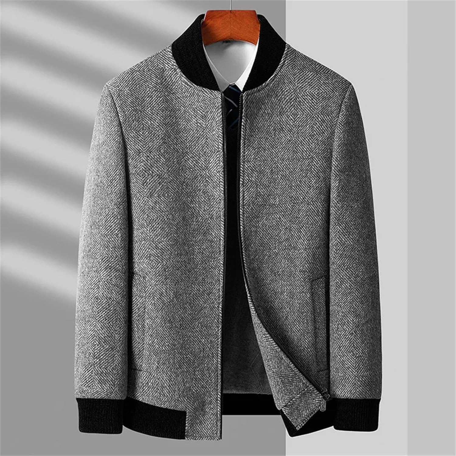Men's Lightweight Wool Jackets Stand Collar Herringbone Casual Coats Fashion Slim Thicken Tops