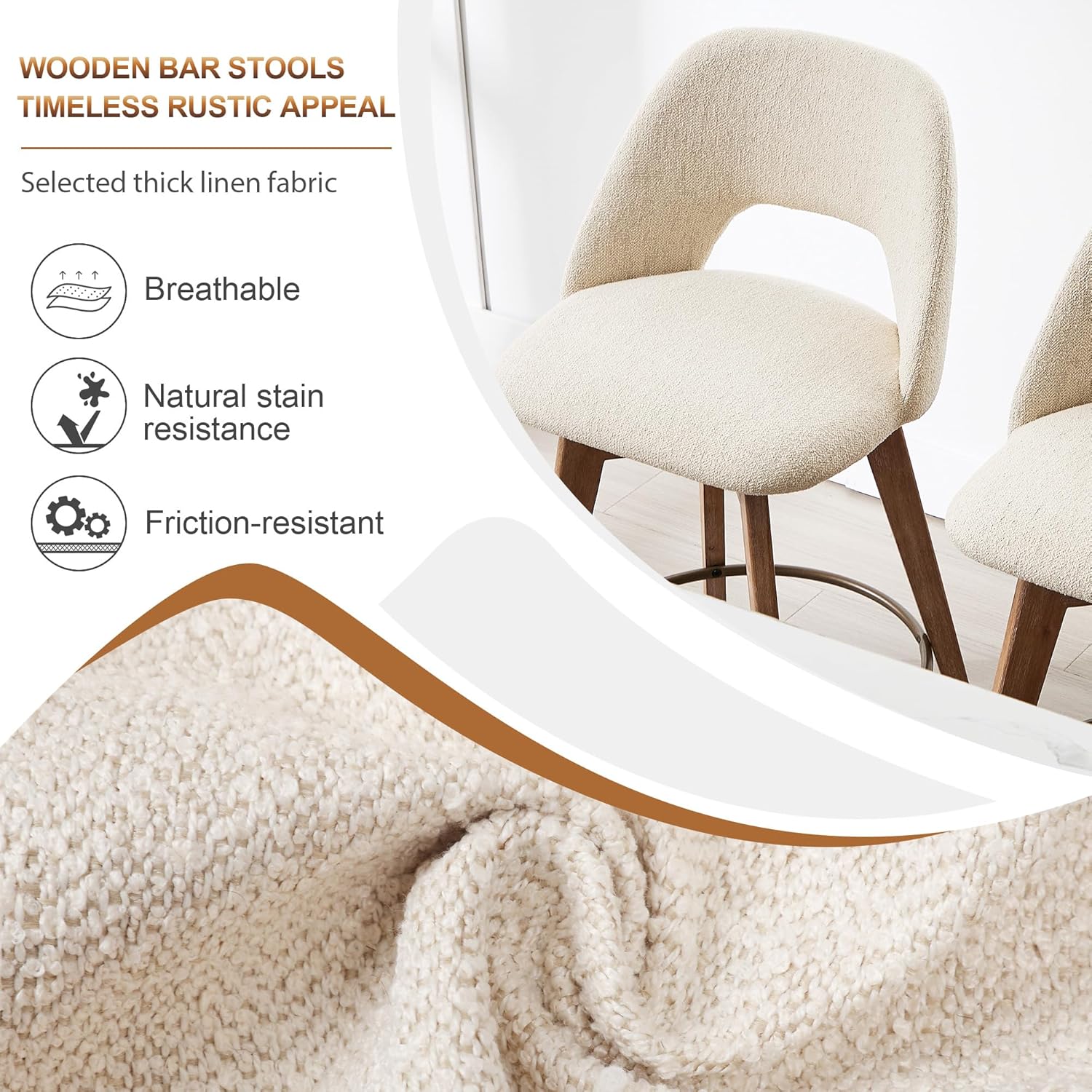 Zesthouse Swivel Wooden Bar Stools Set of 4, 26" Modern Counter Height Stools with Back & Solid Wood Legs, Upholstered Beige Linen Barstools Counter Height, Mid Century High Chairs for Kitchen Island