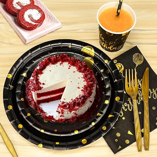Miniatura 4 de Juego de vajilla desechable de 201 piezas de color dorado y vajilla desechable para fiesta de cumpleaños, platos de papel negro, servilletas,