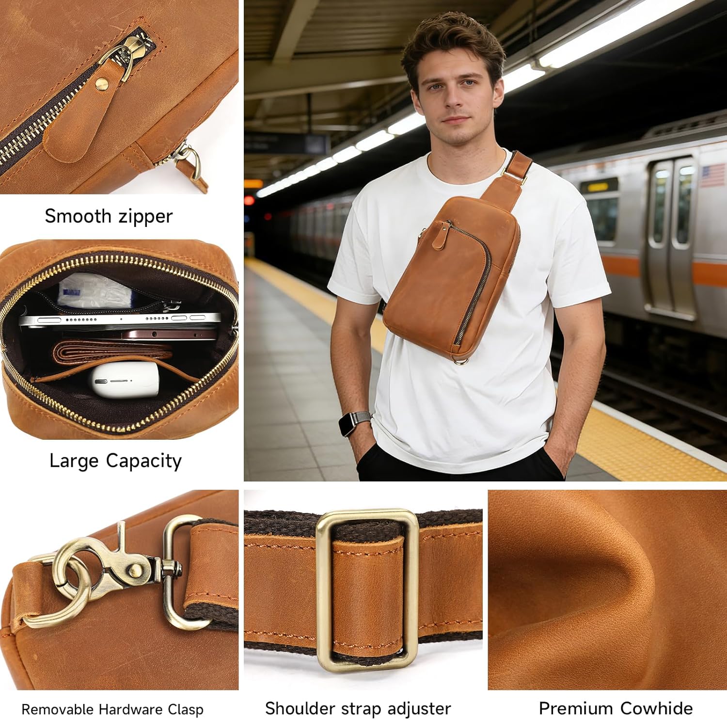Genuine Leather Sling Bags for Men Crossbody Purse Vintage Small Messenger Shoulder Bag for Phone Side Chest Daypack Bag - Image 8