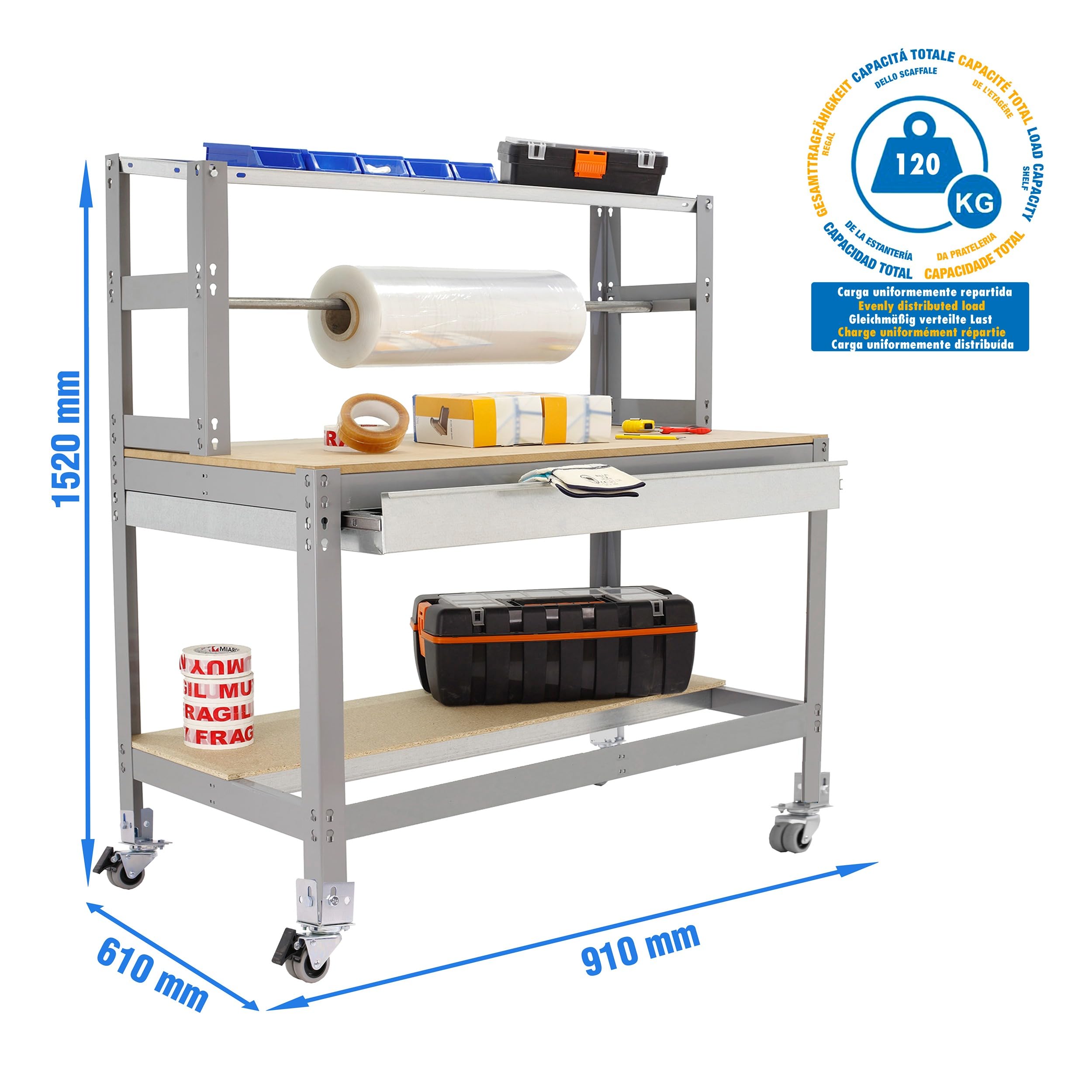 Simon Rack Banco de Trabajo Taller con Ruedas 910x760 mm - BT4 | Porta Rollo y Cajón, Tablero madera 16 mm, Capacidad Carga 120 kg, Gris , Pintura anticorrosión, Montaje sistema clic