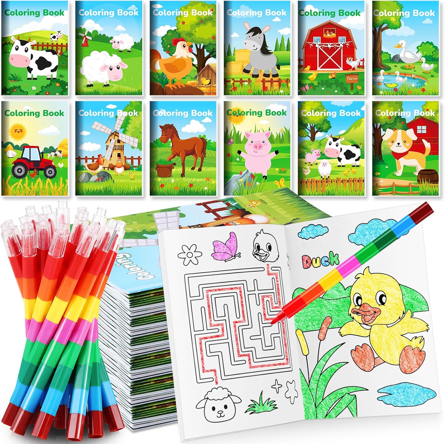 BenLouis 12 Farm Animals Mini Coloring Books Kids with 12 Stacking Crayons Cow Horse Barn Party Favors Small Activity Books Bulk for Kids Farm Birthday Party Gift Goodie Bag Stuffers