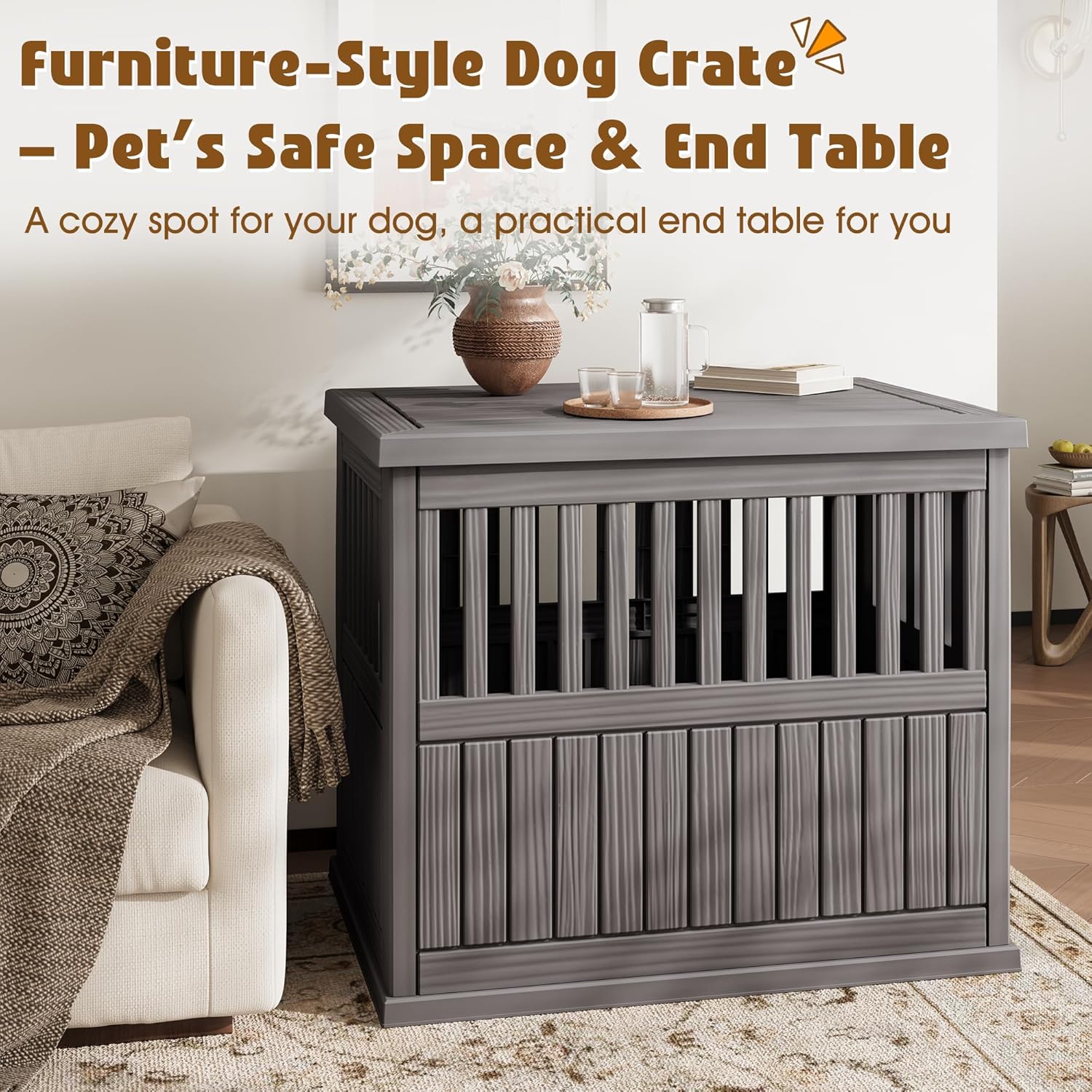 Bifanuo 40-Inch Dog Crate Furniture, Heavy Duty Dog Crate for Large and Medium Dog, Lockable Indoor Outdoor Dog Kennel & End Table, Decorative Plastic Pet Cage(Grey)