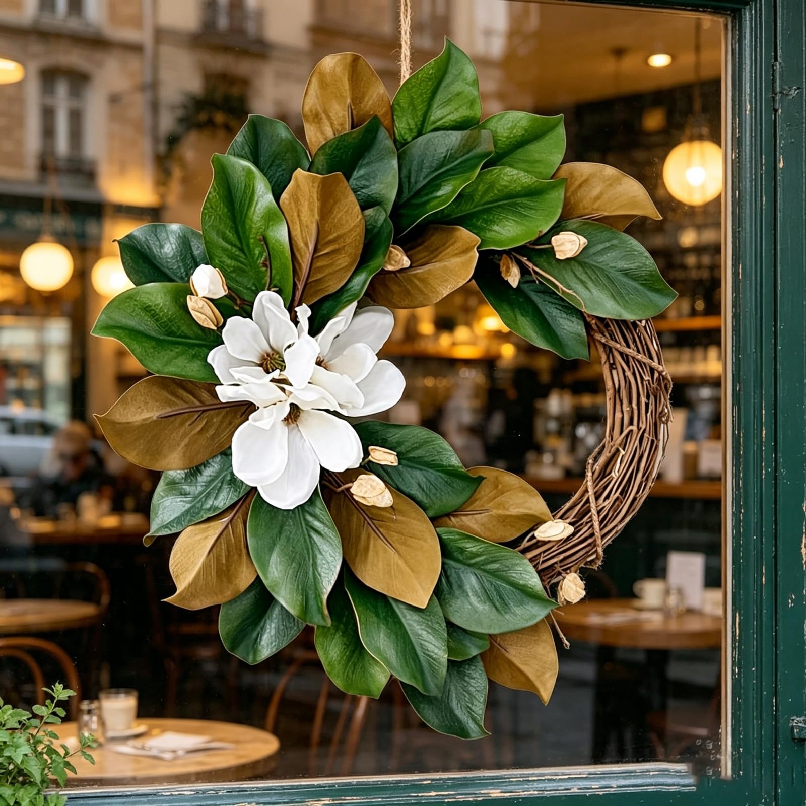 40cm Artificial Magnolia Door Wreath, All Year Outdoor Green Leaf Rattan Wreath, Spring Summer Wall Hanging Decor for Porch Entrance (Off White)