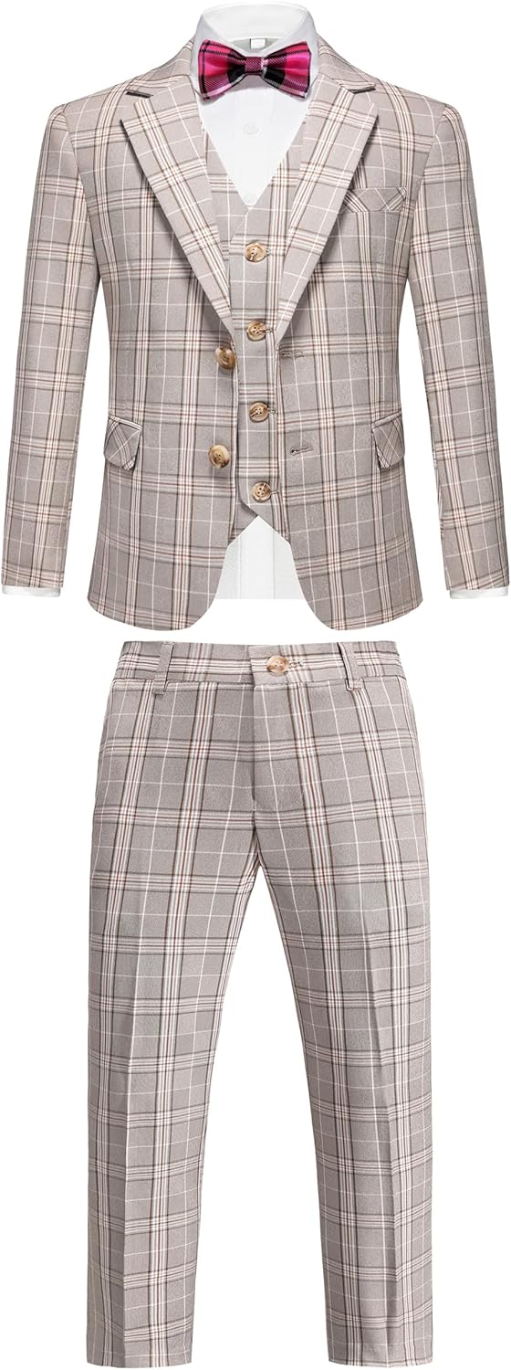 UNINUKOO Boys Tuxedo Suit Dress 3 Piece Plaid Clothes Graduation Wedding Formal Outfit Kids Suits for Teenage Boys