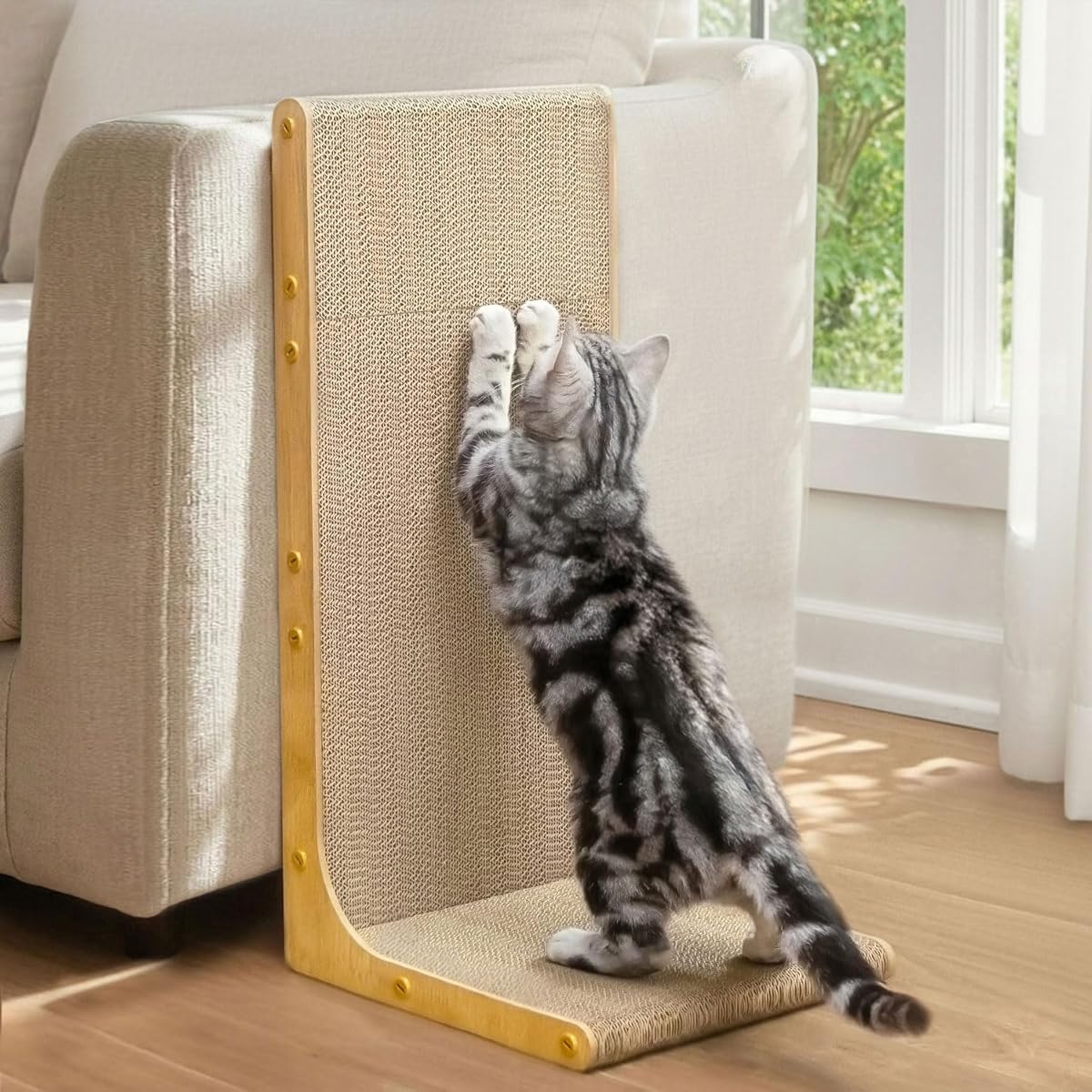 Amazon.com : Conlun Cardboard Cat Scratcher, 23" L-Shaped Scratch Pad, Vertical Wall-Leaning Scratching Board to Protect Furniture for Indoor Cats,Wood Grain Large : Pet Supplies