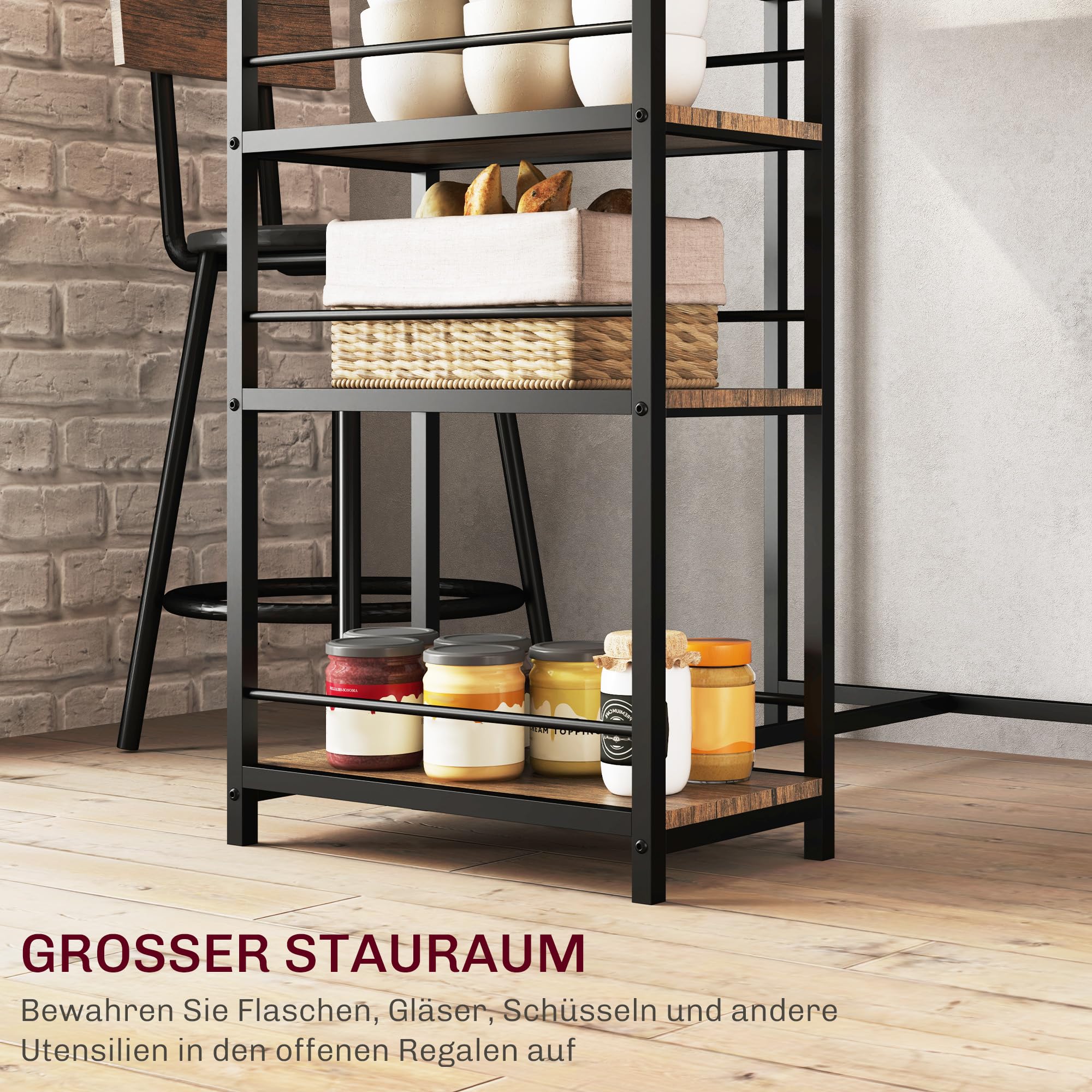 HOMCOM Bartisch mit Barhocker Set, Bartisch-Set für 2 Personen mit 2 Gepolsterten Barstühlen, Rückenlehne, Küchentisch mit 3 Ablagen, im Modern-Stil, Bartheke für Esszimmer, Küche, Stahl, Eiche