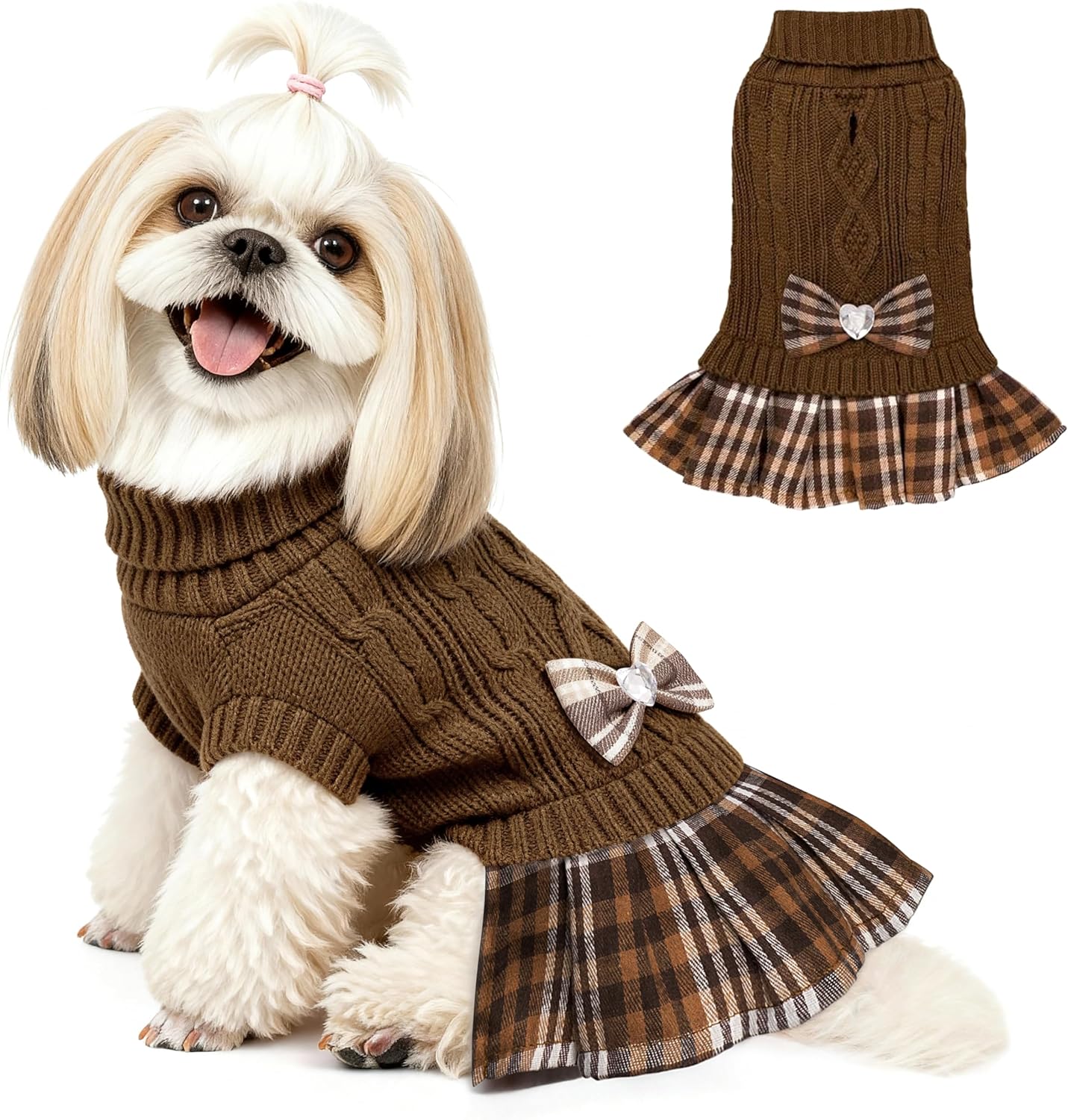 YUDODO Small Dog Sweater Dress with Bowtie Turtleneck - Knitted Pet Girl Dog Winter Clothes - Pet Warm Sweater for Puppy Yorkies, Chihuahua (L Brown) Large (15-22lbs) Brown