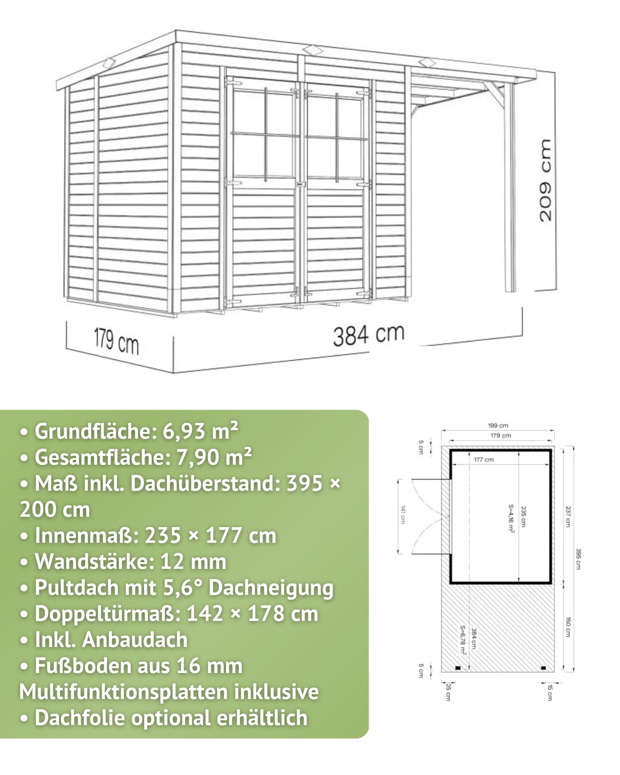 Steiner Shopping Gartenhaus Ense 03 | 12 mm Elementgartenhaus aus nordischer Fichte I Außenmaß 395 x 200 cm I Mit Anbaudach, Fußboden & Pultdach