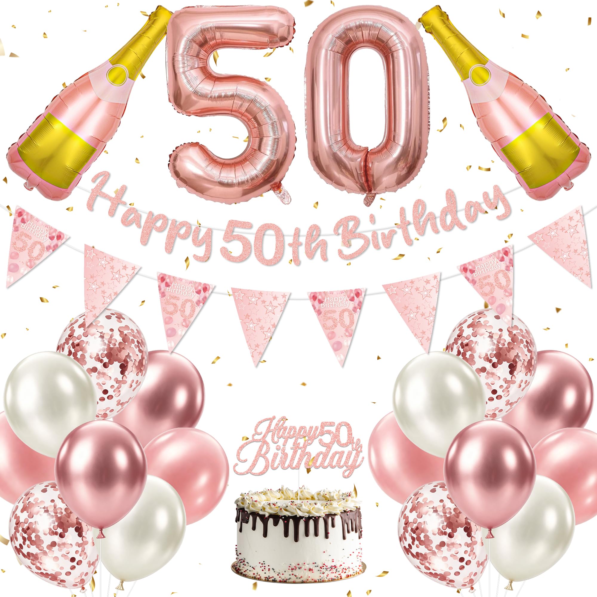 50th Birthday Decorations for Women, Rose Gold Party Supplies Banner Balloons Cake Topper Number Balloon Champagne Foil, 50 Birthday Decorations for Men and Women