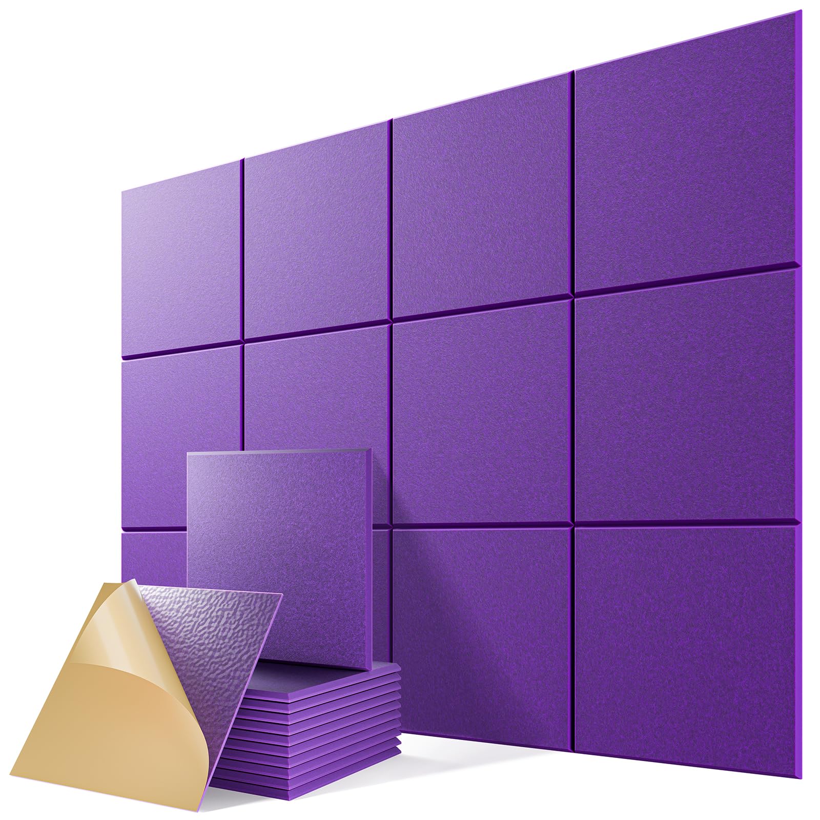 12 Pack Self-Adhesive Acoustic Panels, 12" X 12" X 0.4" High-Density Sound Proof Foam Panels for Walls, Soundproof Wall Panels for Home &amp; Office (Purple)