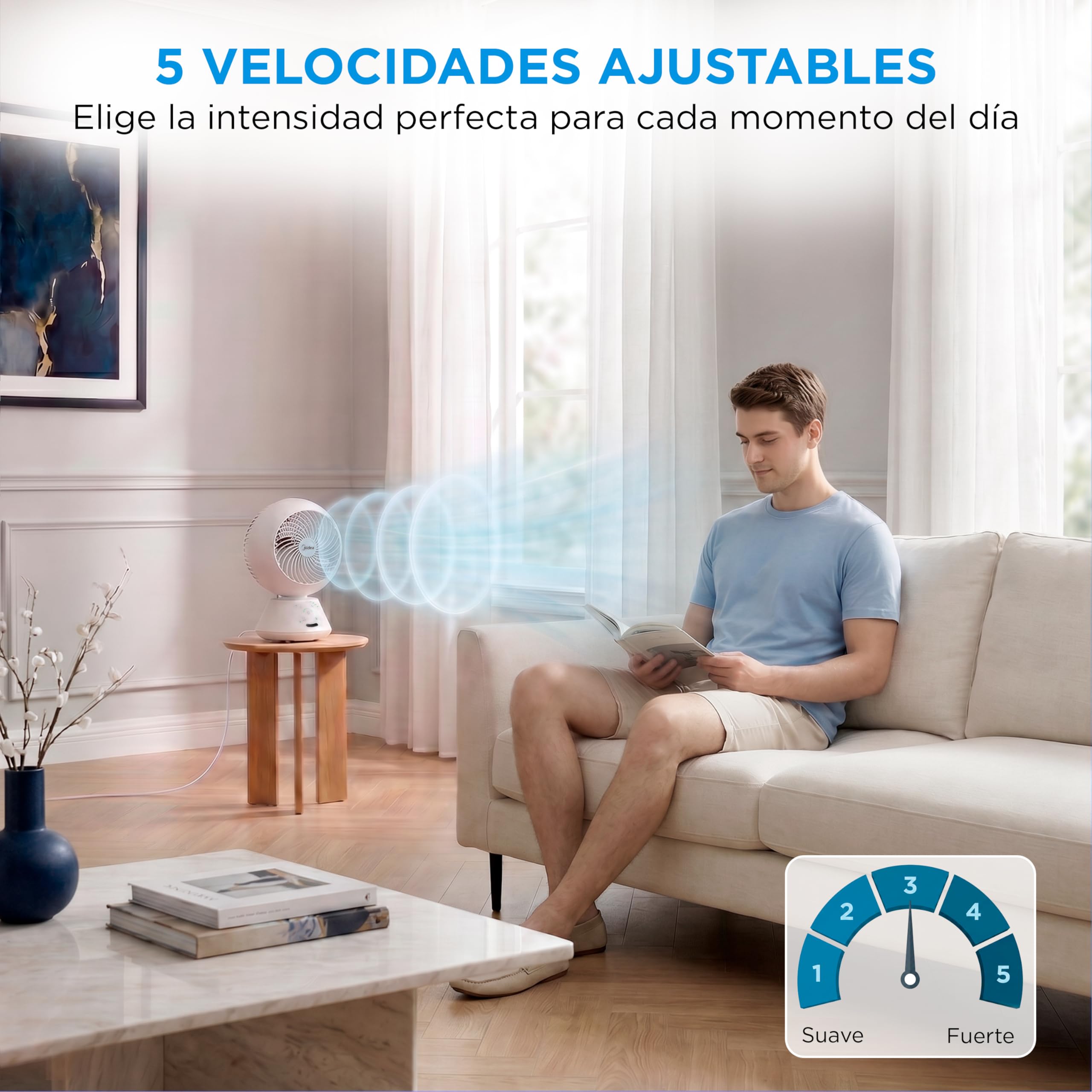 Midea Ventilador de Mesa Silencioso de 5 Velocidades con Mando a Distancia - Ventilador Pequeño Portatil con Oscilación Automática 120º + 105º, Temporizador de 15 horas - Alcance de hasta 15 metros