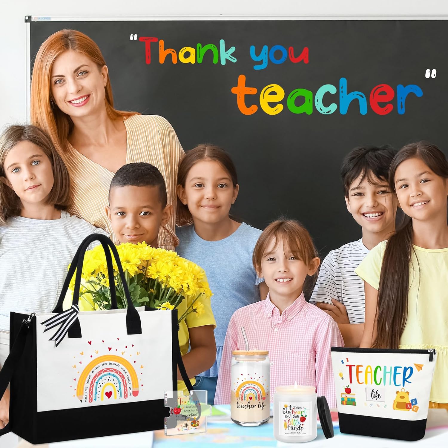 Teacher Appreciation Gift Set Thank You Teacher Gift Basket from Student for End of Year Include Tote Bag Makeup Bag Piece of Puzzle Lavender Scented Candle 16 oz Glass with Lid Straw and Brush