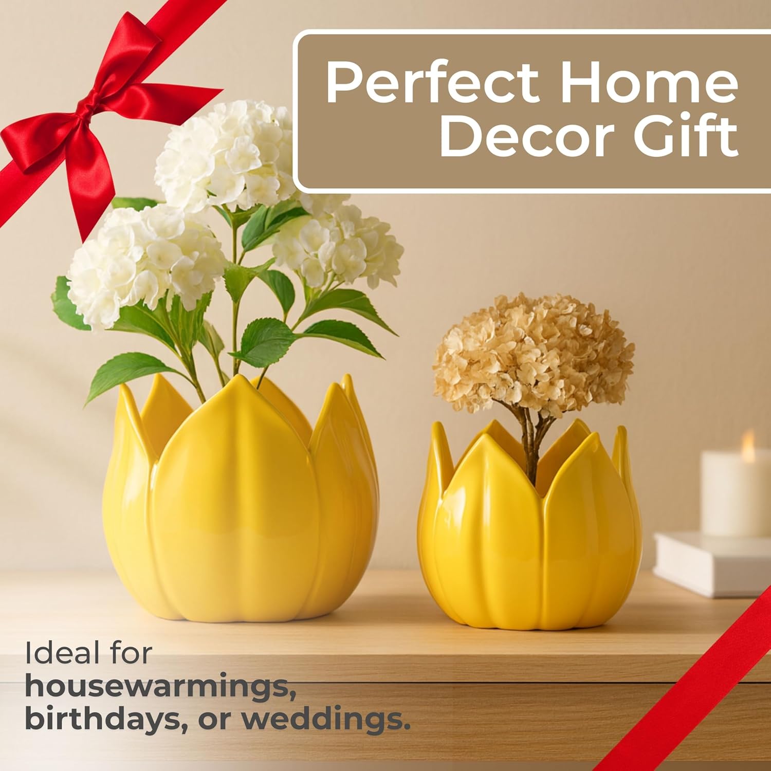 Flower Pots for Home Decor – Ceramic Petal Shaped Planters for Indoor and Outdoor Plants – Decorative Plant Pots That Work with Any Plant Perfect for Garden or Patio Decor; Set of 2 – 10", 8" Yellow