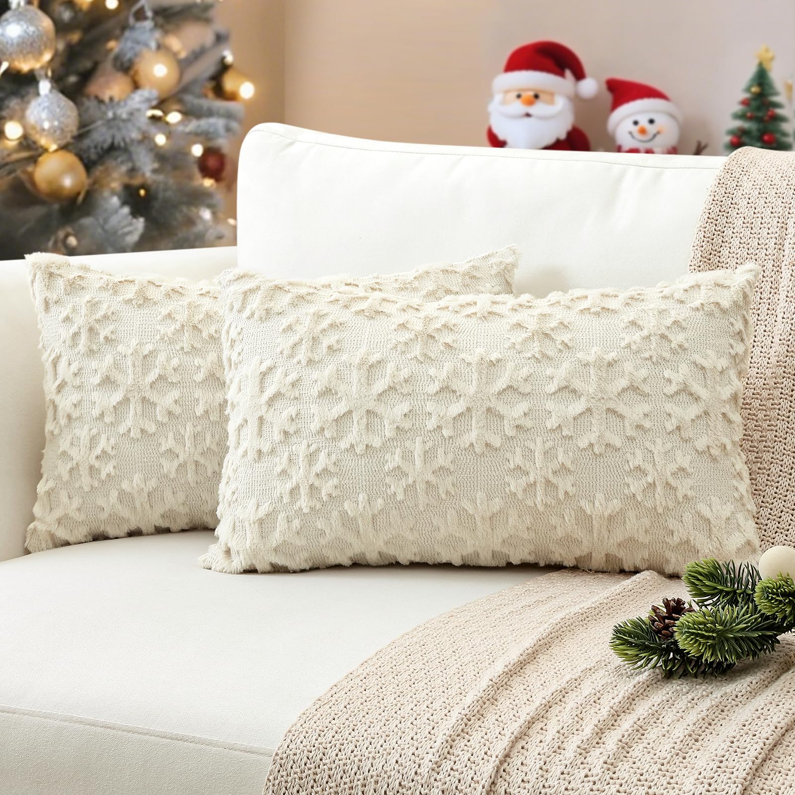 JOTOM Snowflake Winter Christmas Cushion Covers 30x50 cm Set of 2 Soft Plush Faux Fur Christmas Decorative Throw Pillow Covers Holiday Pillow Case for Home Bedroom Couch Sofa Decor (Cream Beige)