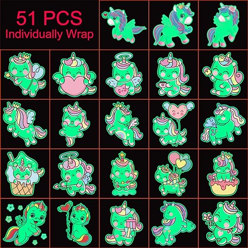 Miniatura 2 de Recuerdos de fiesta de cumpleaños de unicornio – 51 tatuajes temporales que envuelven individualmente el brillo en la oscuridad | Surtido de