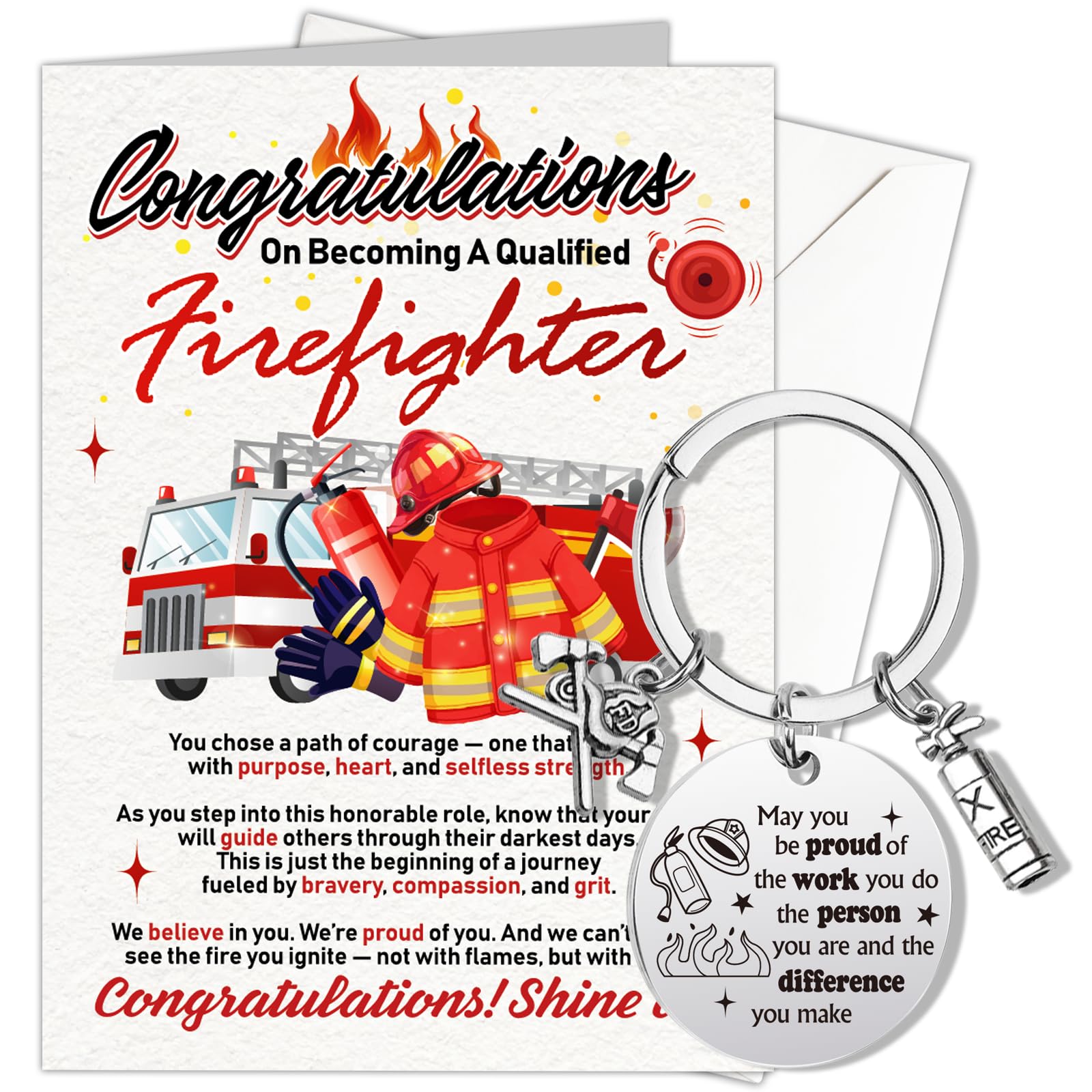 HOWAF Firefighter Graduation Card, Fireman Congratulations Card & Keyring for Qualified Firefighter Gifts, Fireman Graduation Gifts
