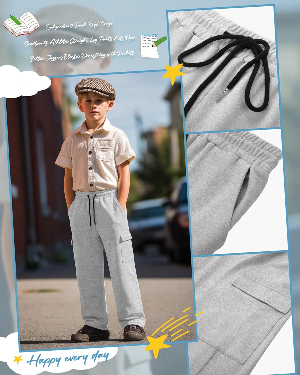 4 Pack Boys Cargo Sweatpants Athletic Straight Leg Pants Kids Lightweight Open Bottom Joggers Drawstring Pockets - Image 6