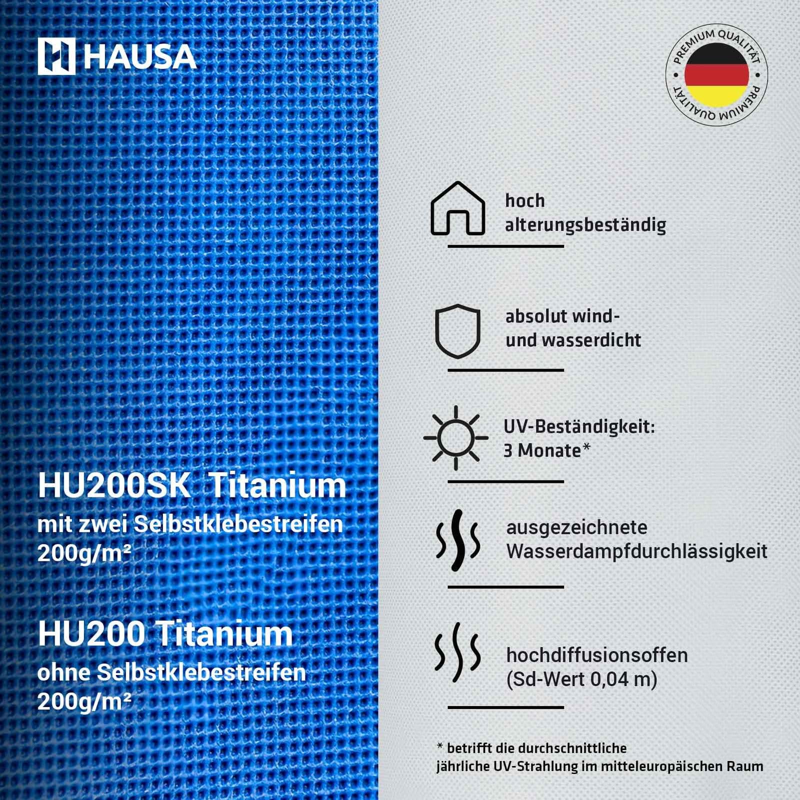 HAUSA Titanium HU200 Membrane de sous-toiture 200g/m² 225m² 3x(1,5mx50m) hautement perméable imperméable résistante aux intempéries au vieillissement indéchirable, avec 2 bandes autocollantes