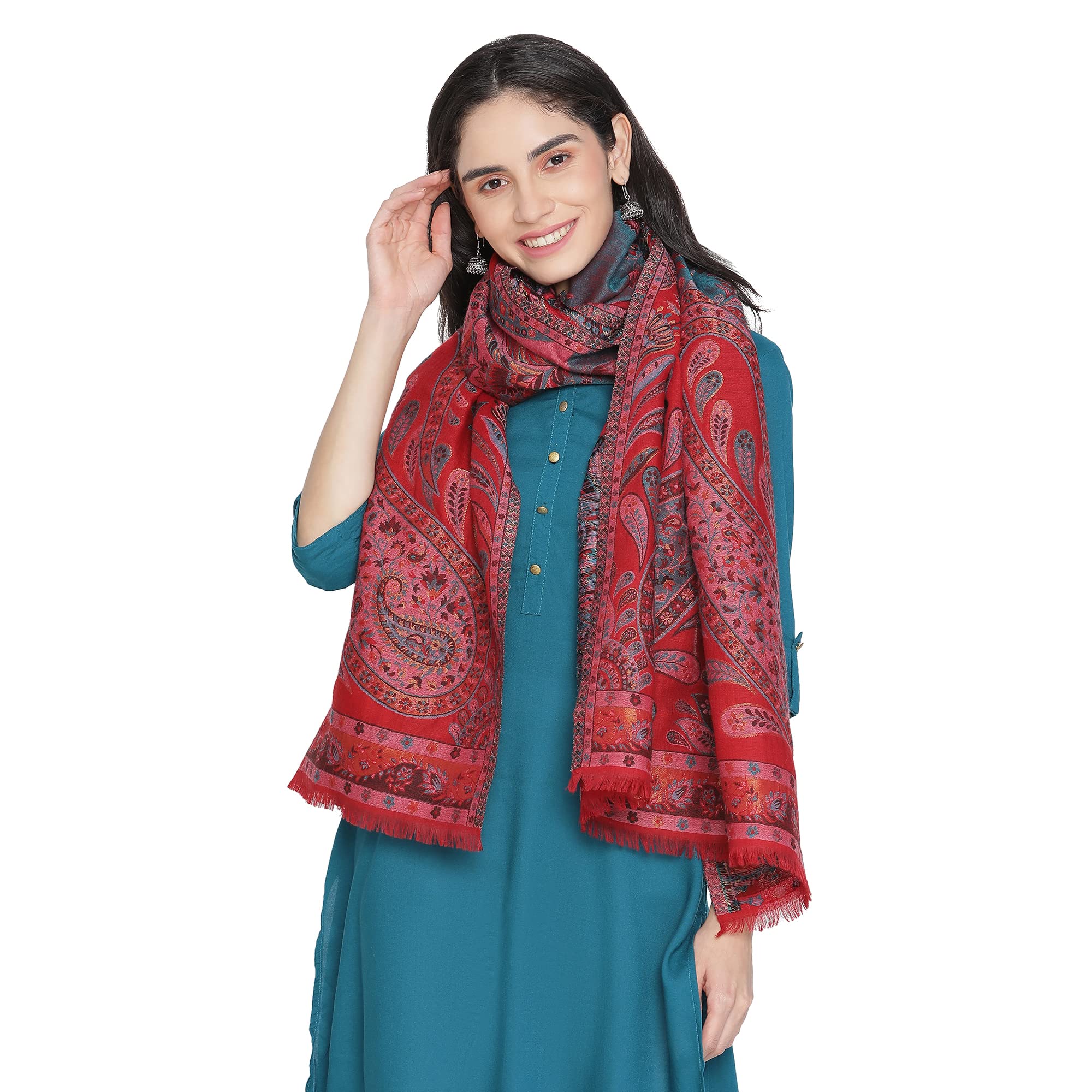 shingora The Kani Red : Wool Blend Paisley Fringed Stole-picture-16