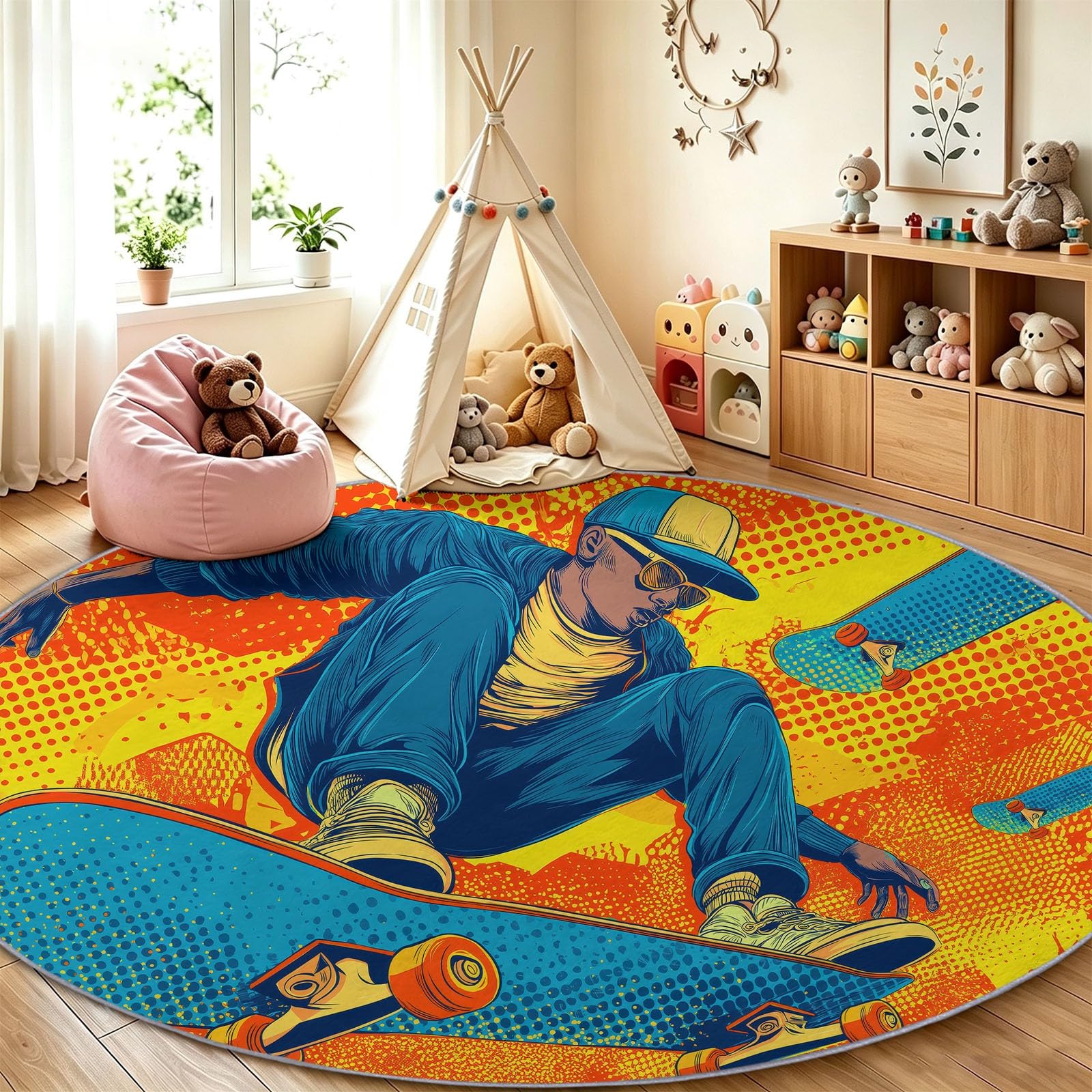 Okrągły dywan sporty amerykańskie, miękki zmywalny antypoślizgowy dywan w kształcie okręgu - żółty pop art męska deskorolka mata podłogowa dla dzieci, chłopców i dziewcząt, sypialnia, pokój zabaw
