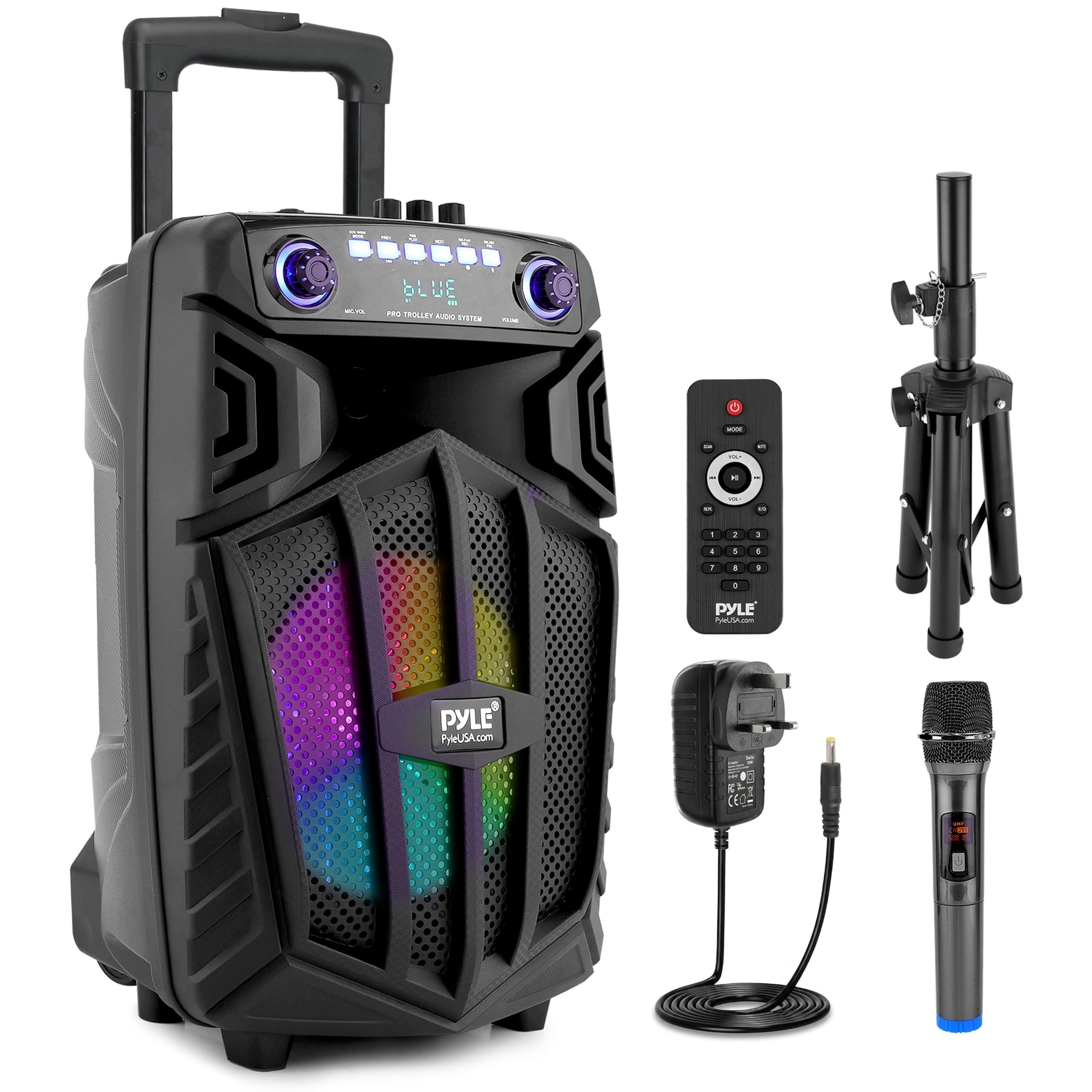 Pyle PA System Party Speaker 10 Inch Bluetooth Speaker 680W with Wireless Microphone, Portable Karaoke Speaker with LED Lights, Rechargeable Battery and Wheels