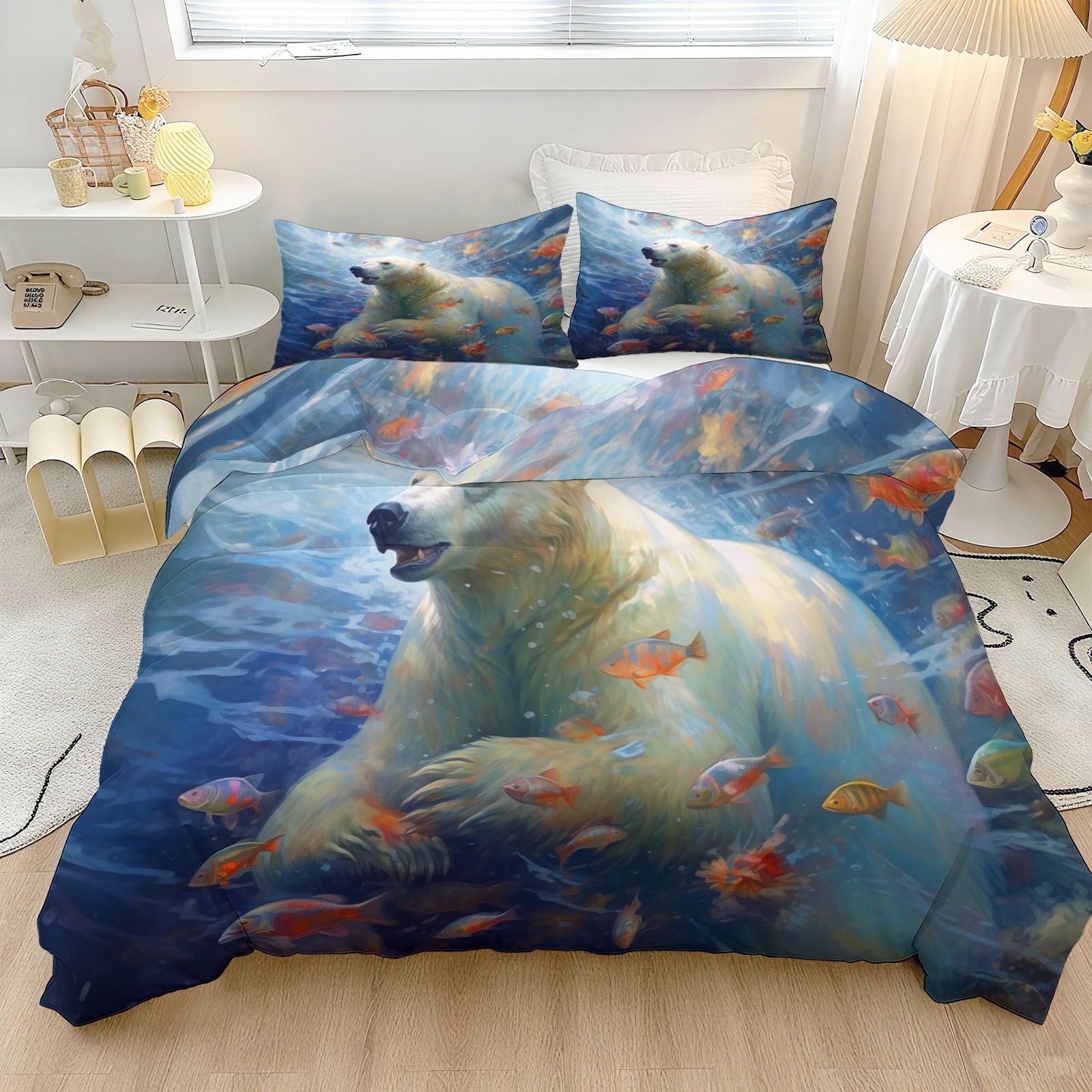 Housse de couette 200x200 parure de lit fond marin ours polaire 2 personnes en microfibre avec taies