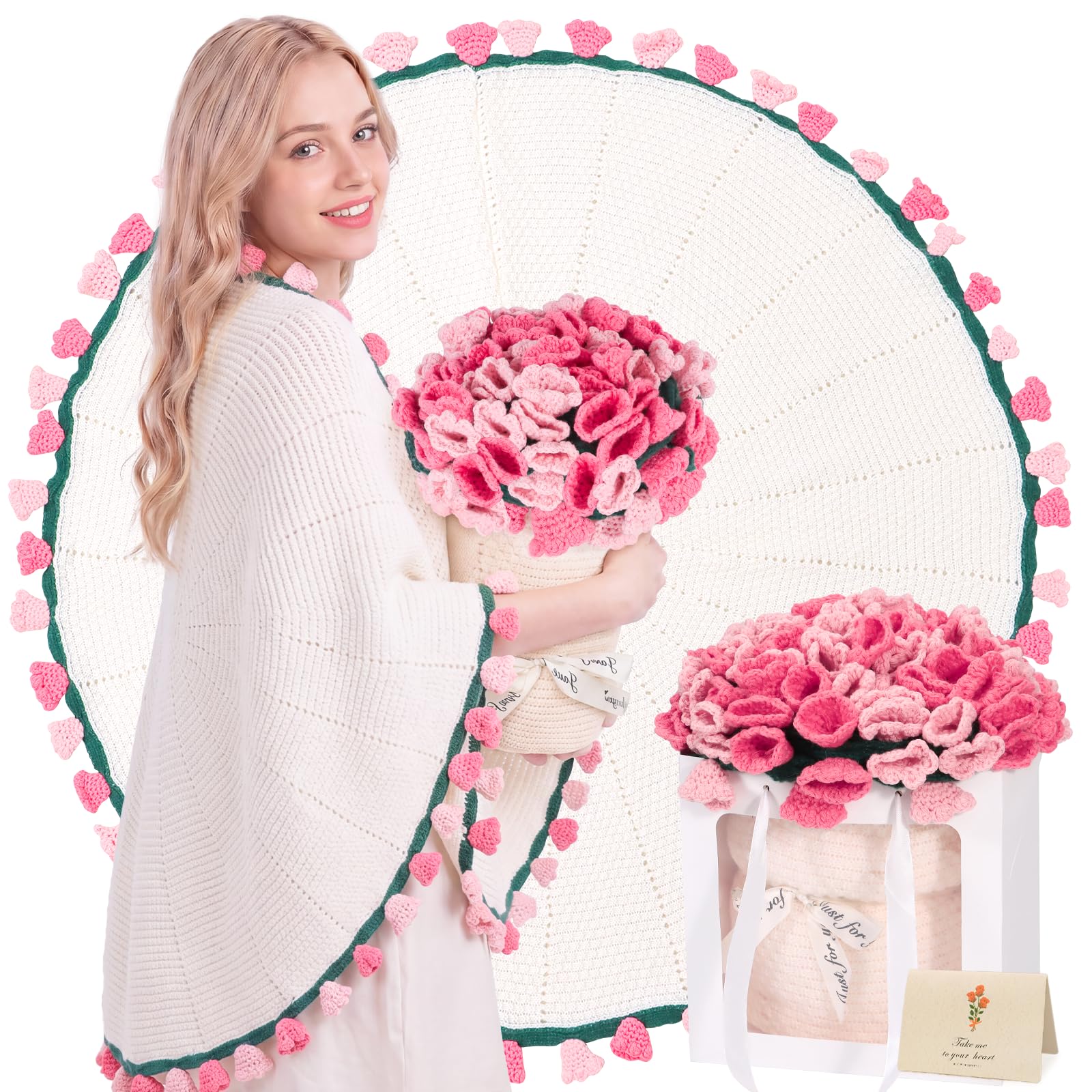 OHOIT Crochet Flower Bouquet Blanket, Birthday Gifts for Women 43 Inches