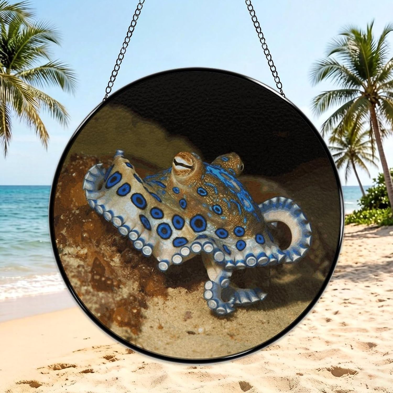 Stained Glass Hanging Sign Suncatcher, Blue Ring Octopus