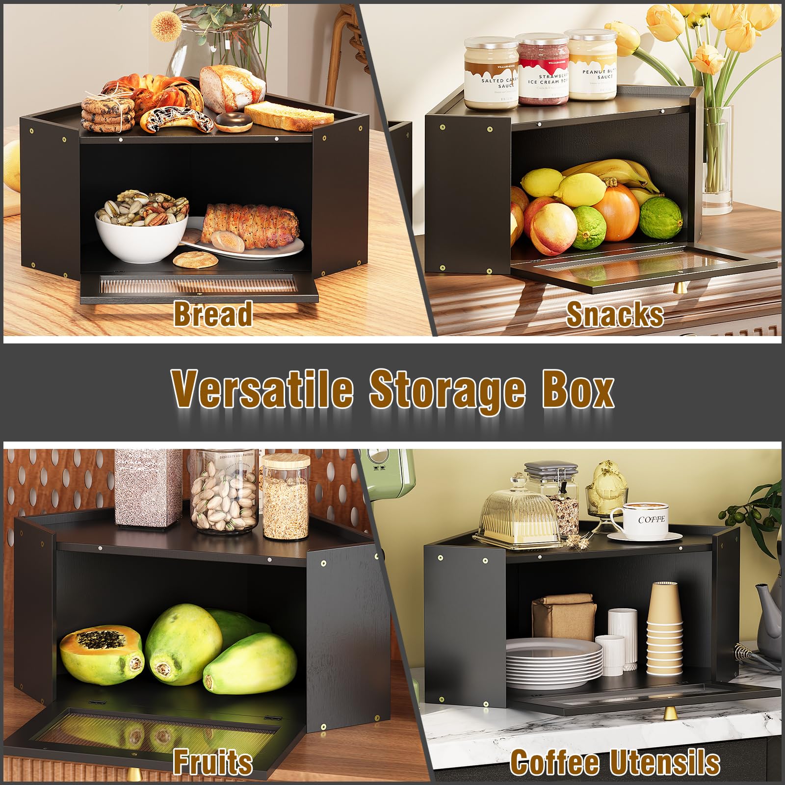 VEDECASA Boîte à pain d'angle pour cuisine en bambou avec porte en acrylique transparente - Noir - Corbeille à pain pour coins de cuisine - Grande boîte à pain au design rustique - 32 x 32 x 20 cm