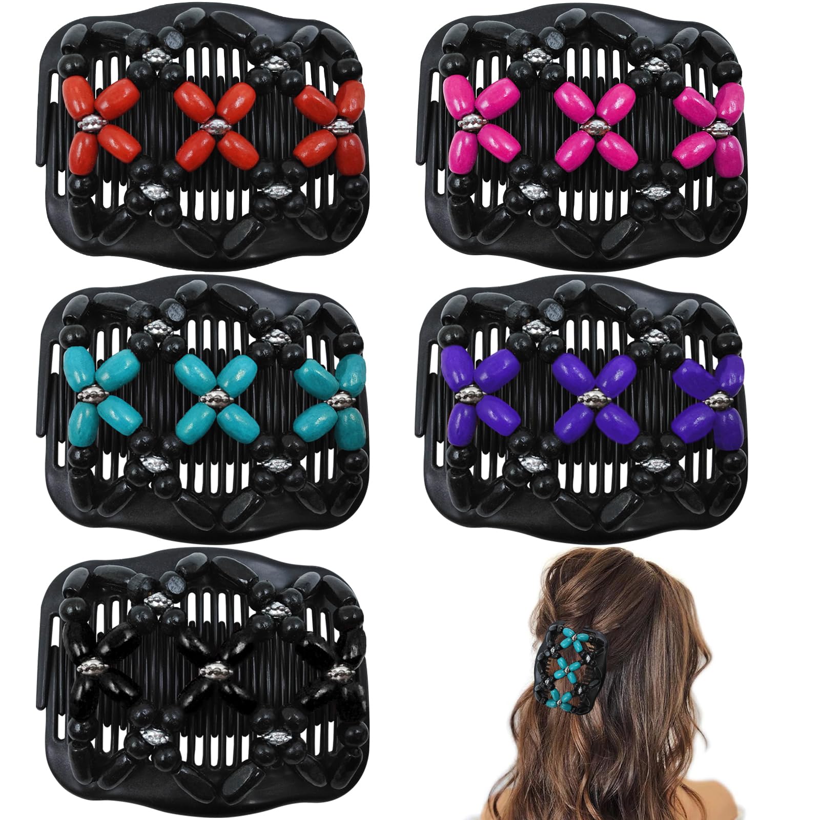 Suptizizkz 5 Pieces Stretchy Magic Hair Comb Adjustable Elastic Comb Hair Clip for Women Girls No Crease Hair Pins Vintage Hair Bun Maker Hair Accessories for Curly Thick Wavy Hair Ponytail