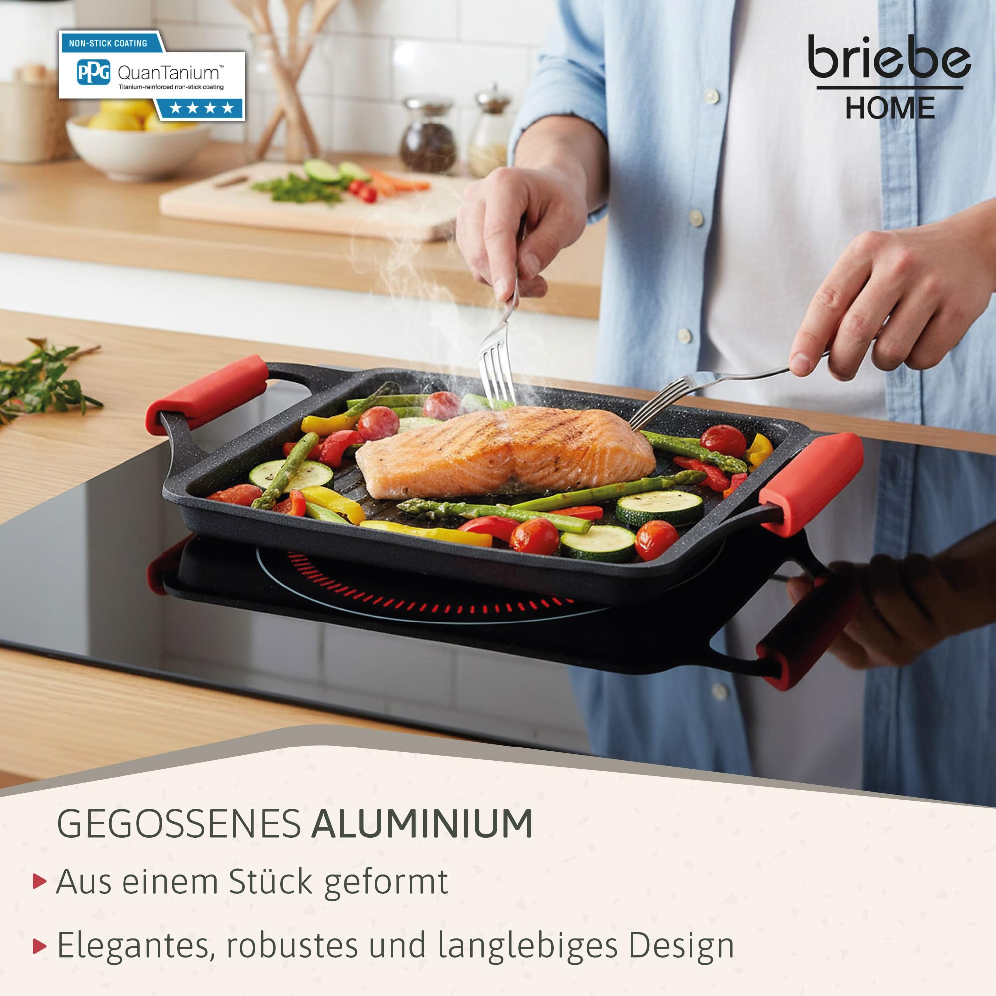 briebe Black Titanium Grillplatte Induktion, Antihaft Titanium, Aluminiumguss, Grillpfanne Bratblech 43x25cm, PFOA-freie Beschichtung, Silikongriffe, Keramikkochfeld, Gas, Ofen