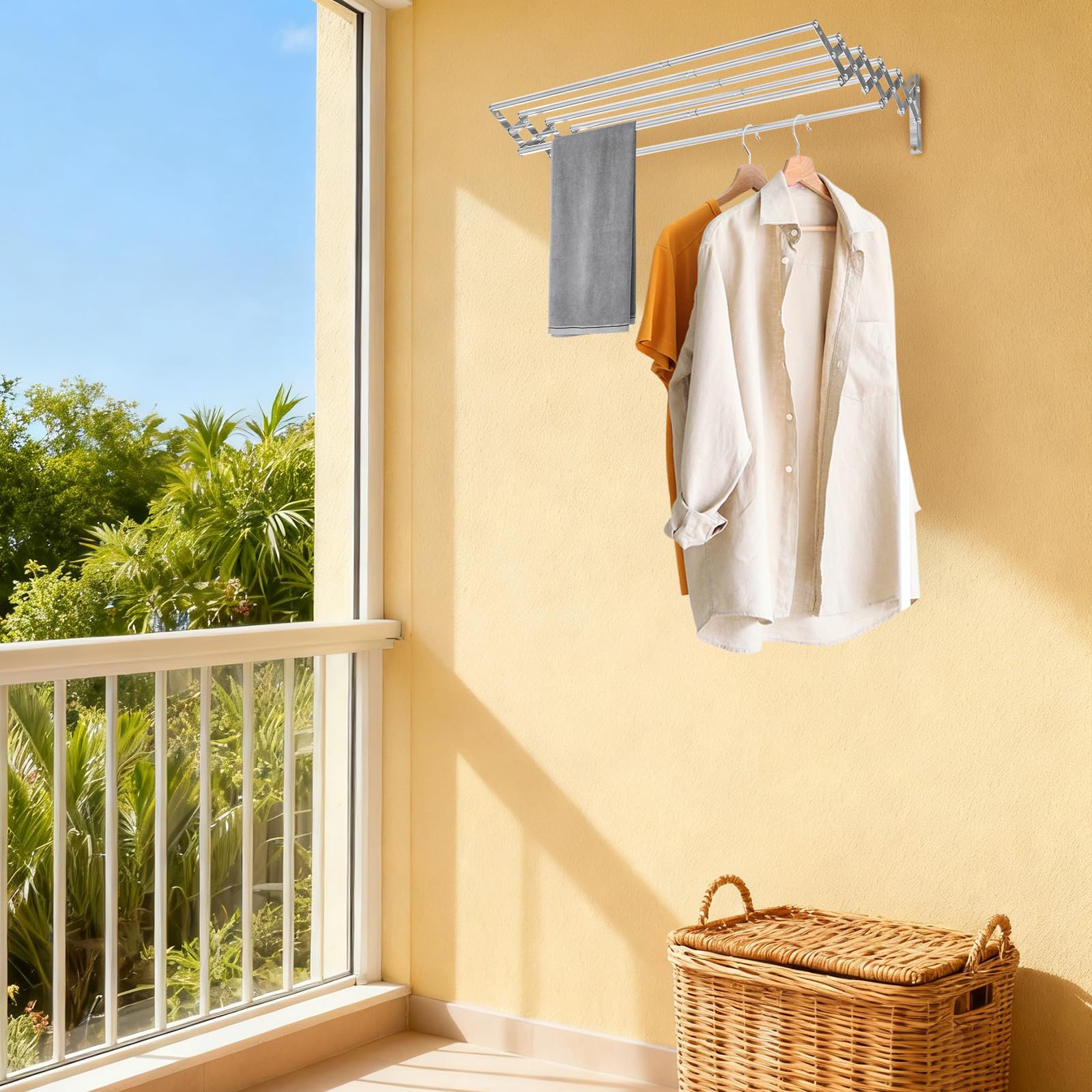 Stendibiancheria da parete in acciaio inox, pieghevole, stendibiancheria da parete con 5 aste, portasciugamani in metallo per bagno, larghezza 42-80 cm