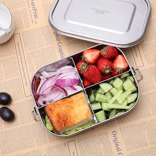 Miniatura 9 de G.a HOMEFAVOR Caja Bento de acero inoxidable a prueba de fugas, contenedor de almuerzo de metal con 3 compartimentos, 40.6 fl oz, perfecto para