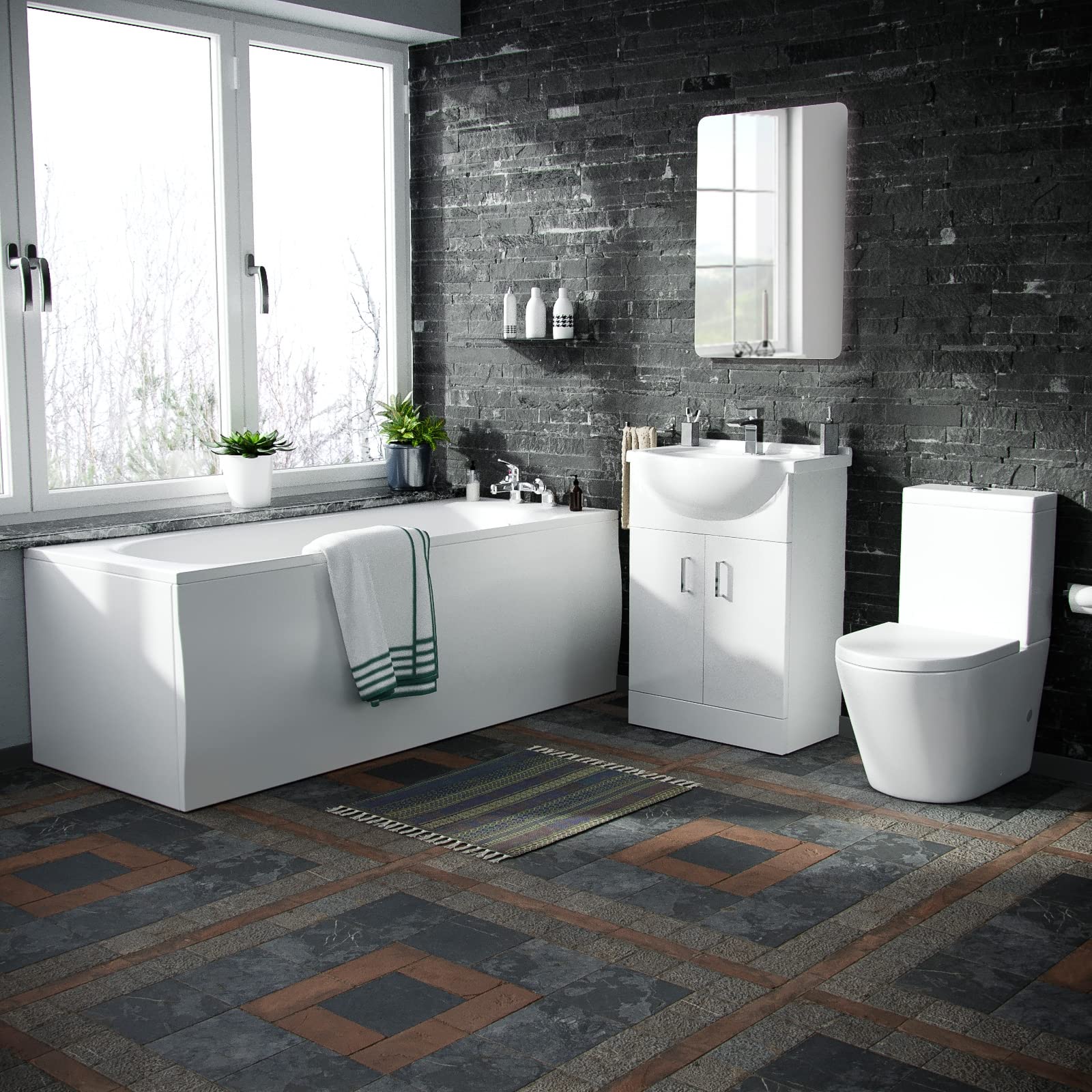 Nes Home White 550 Basin Vanity Unit, Close Coupled Wc Toilet With Straight Edge Bath Bathroom Suite