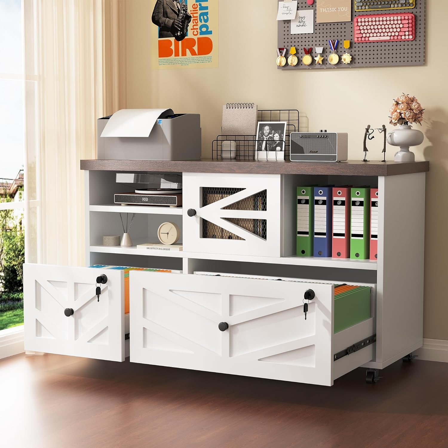 Semoic Black Lateral File Cabinet with Lock, 2 Drawer Rolling Filing Cabinet for Home Office, Mobile Storage Cabinet with Open Shelves & Sliding Door, Fits Legal/Letter/A4 Files, Herringbone Design