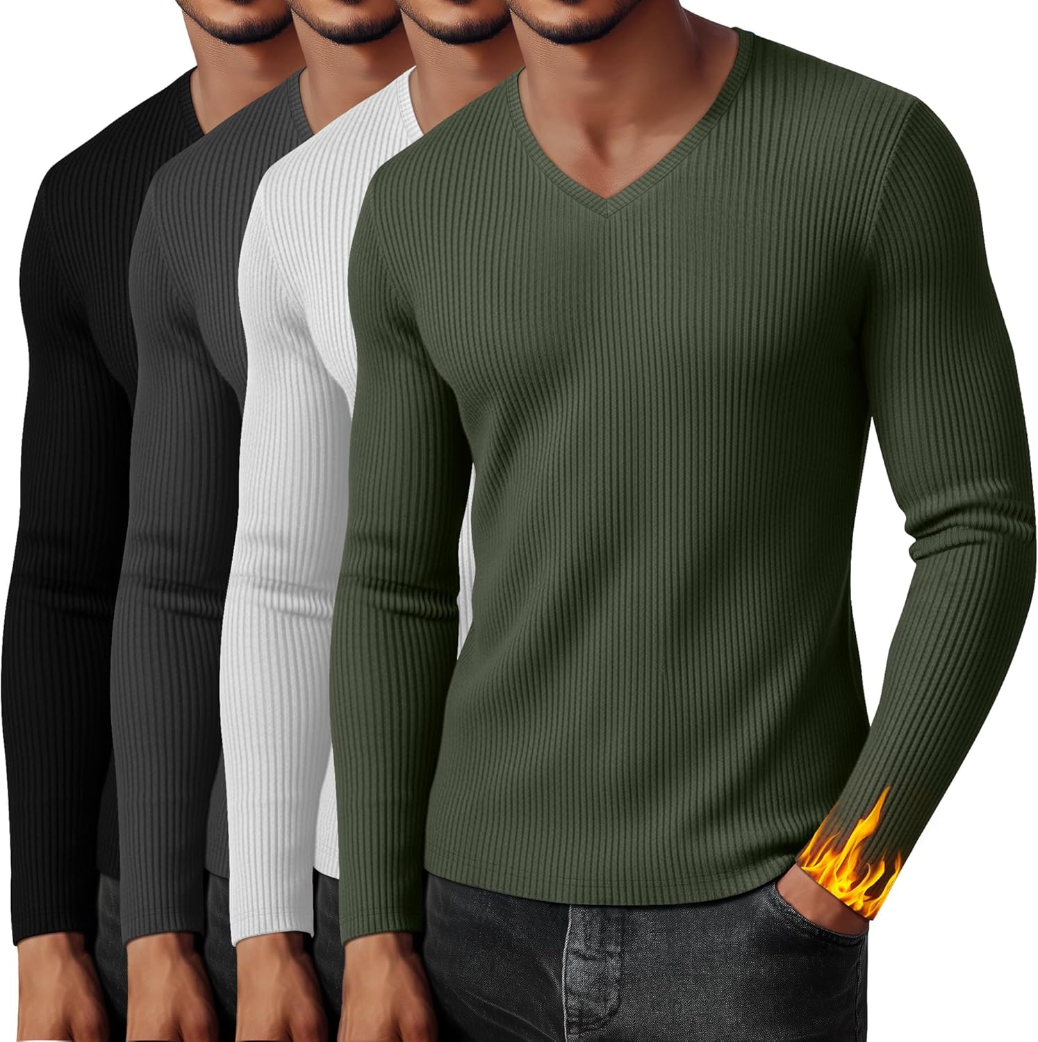 Neer 4 Pack Men's Thermal Cotton Long Sleeve Shirts Ribbed V Neck Tops Fall Winter Stretchy Slim Undershirt Base Layer