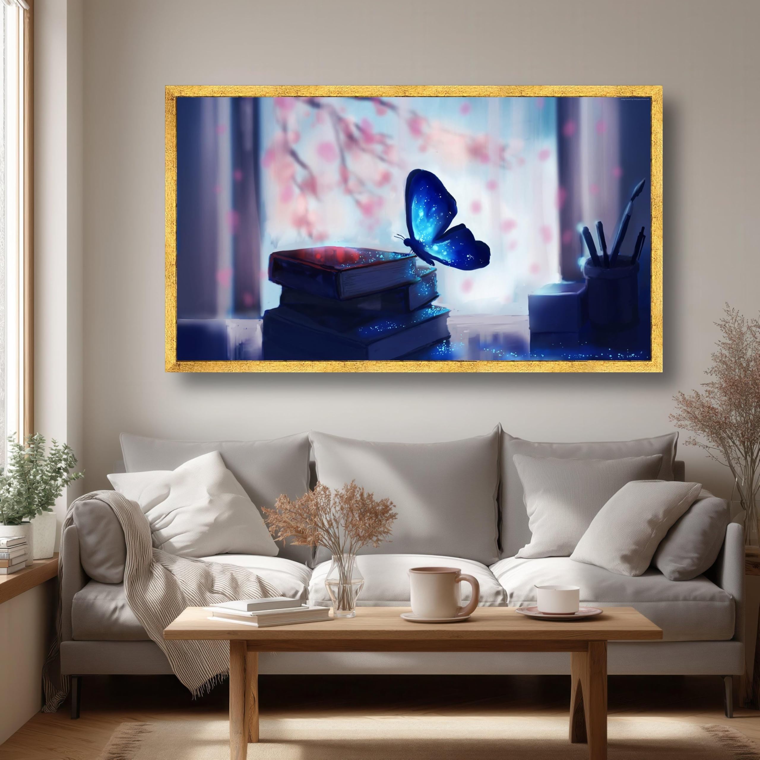 XINBAO Mariposa azul, lienzo de pila de libros, arte mural de fantasía, decoración de estudio de ensueño, lienzo de naturaleza mística (80 x 140 cm/marco interior)