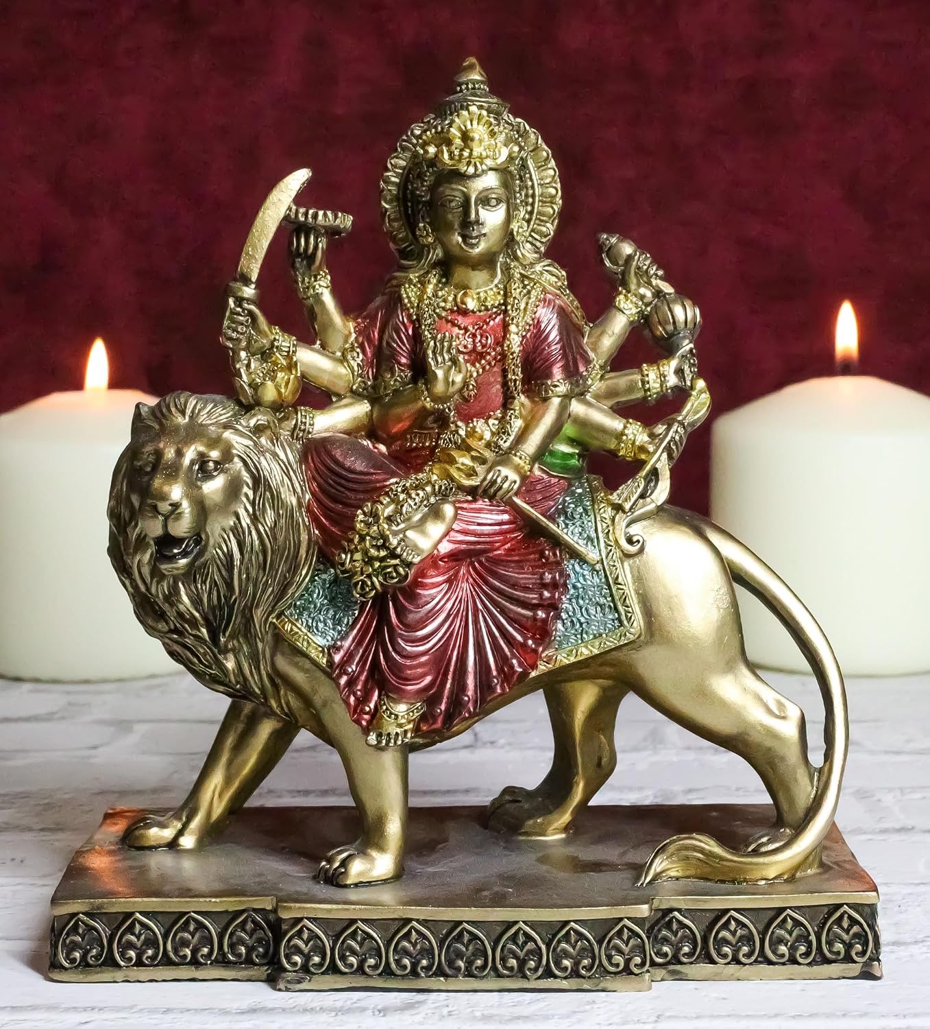 Ebros Colorful Eight Handed Hindu Goddess Durga with Religious Articles Sitting On Majestic Lion Sculpture The Invincible Devi Shakti Independence Hinduism Altar Figurine