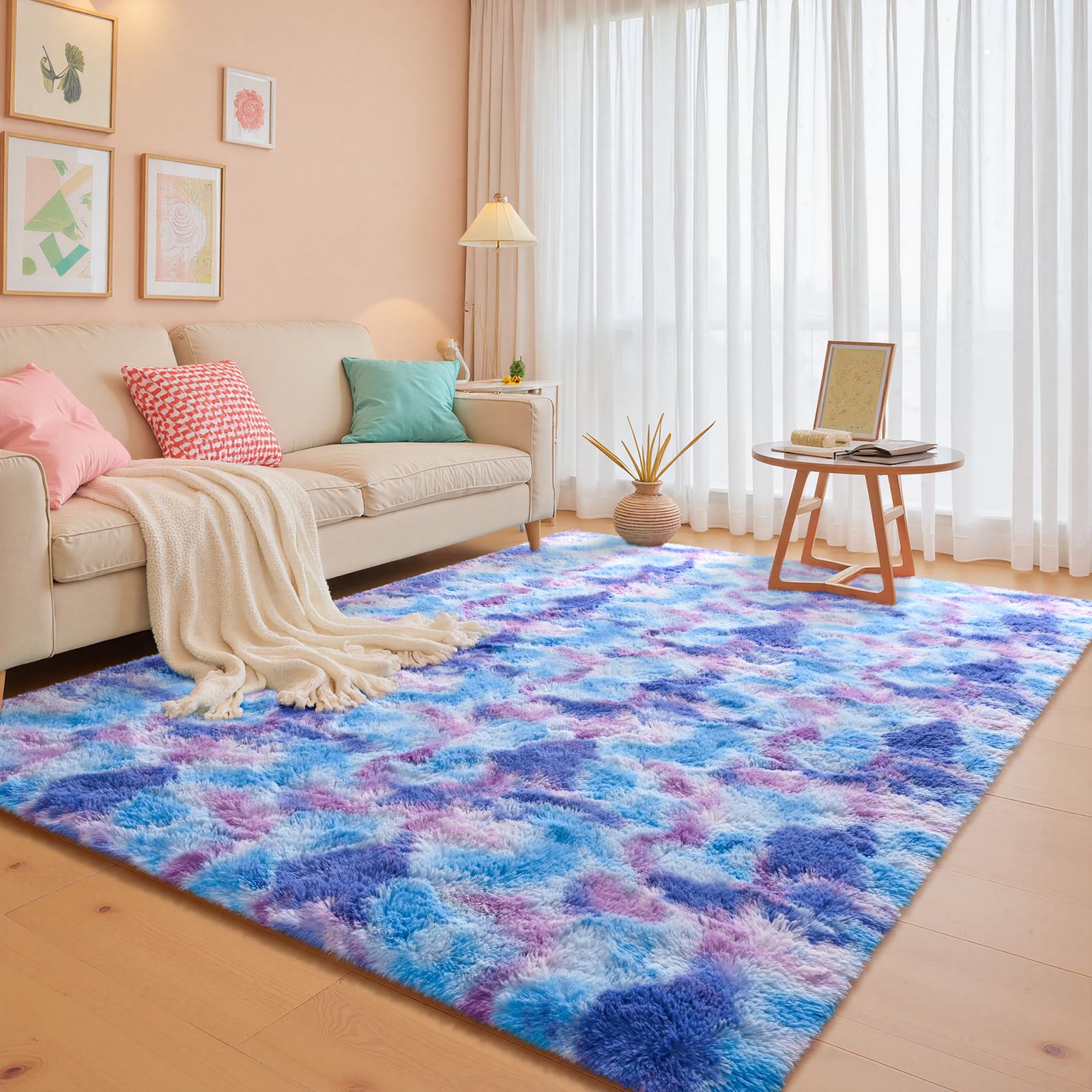 junovo Washable Area Rug for Girls Bedroom Living Room, 5x8 Tie-Dyed Purple Soft Non-Slip Fluffy Rugs, Shag Plush Memory Foam Carpet for Kids Room