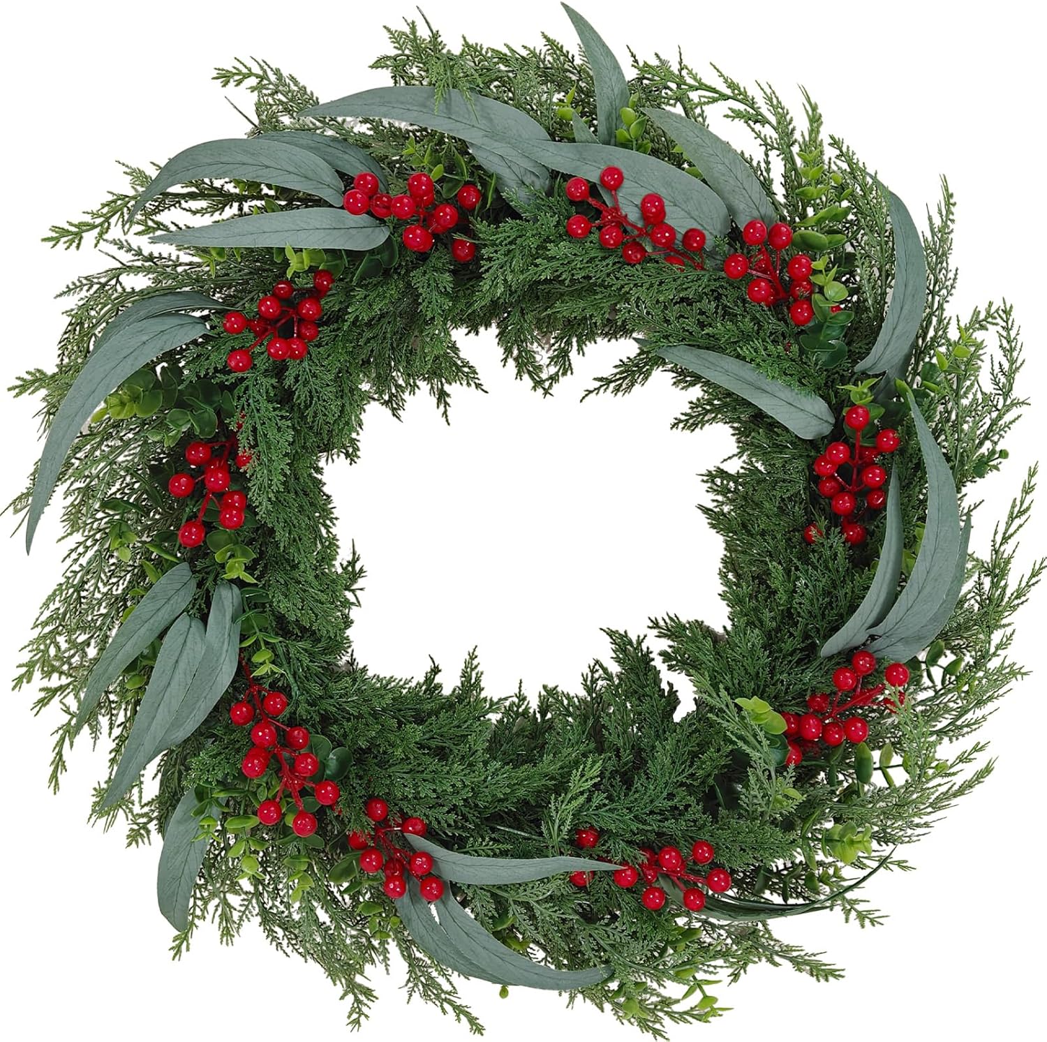 24-inch Christmas Norfolk Pine Wreath, Outdoor Front Door Green Wreath Decoration with red Berries, Suitable for Indoor and Outdoor Family Living Room Porch Christmas Holiday Winter Decoration.