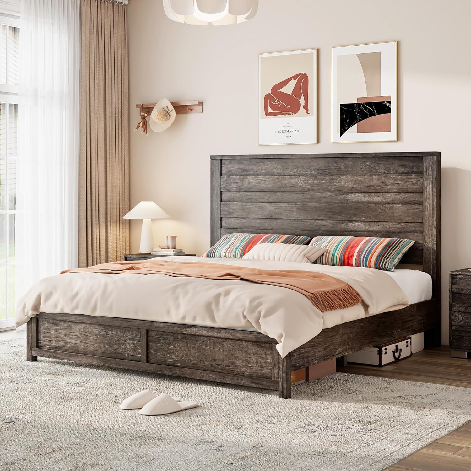 Albott 3-Piece Farmhouse Bedroom Set, Queen Bed Frame with Slatted Headboard and 2 Nightstands with USB Charging Ports, Rustic Grey