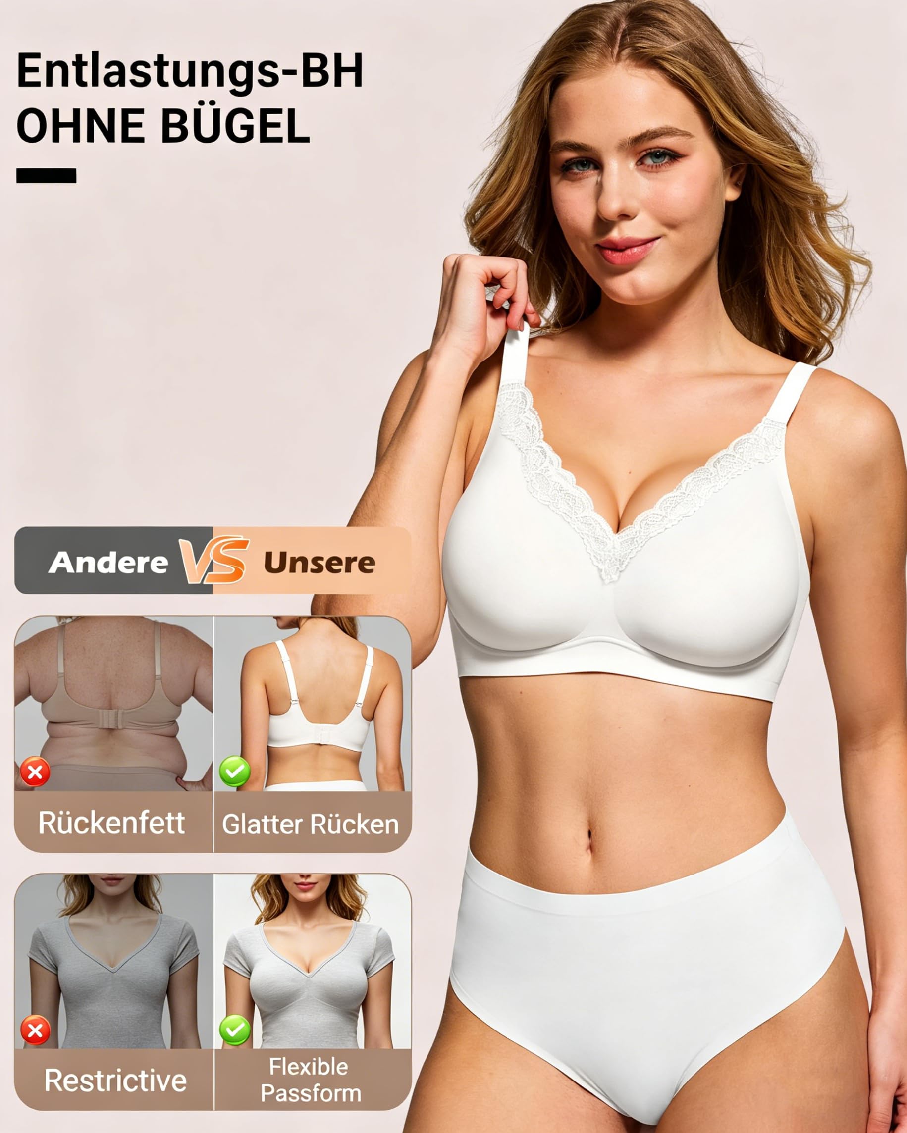 HORISUN Soutien-Gorge sans Armatures avec col en V et Bordure en Dentelle, Maintien Doux, Bretelles Larges et Ailes latérales, Soutien-Gorge t-Shirt sans Coutures pour Femme