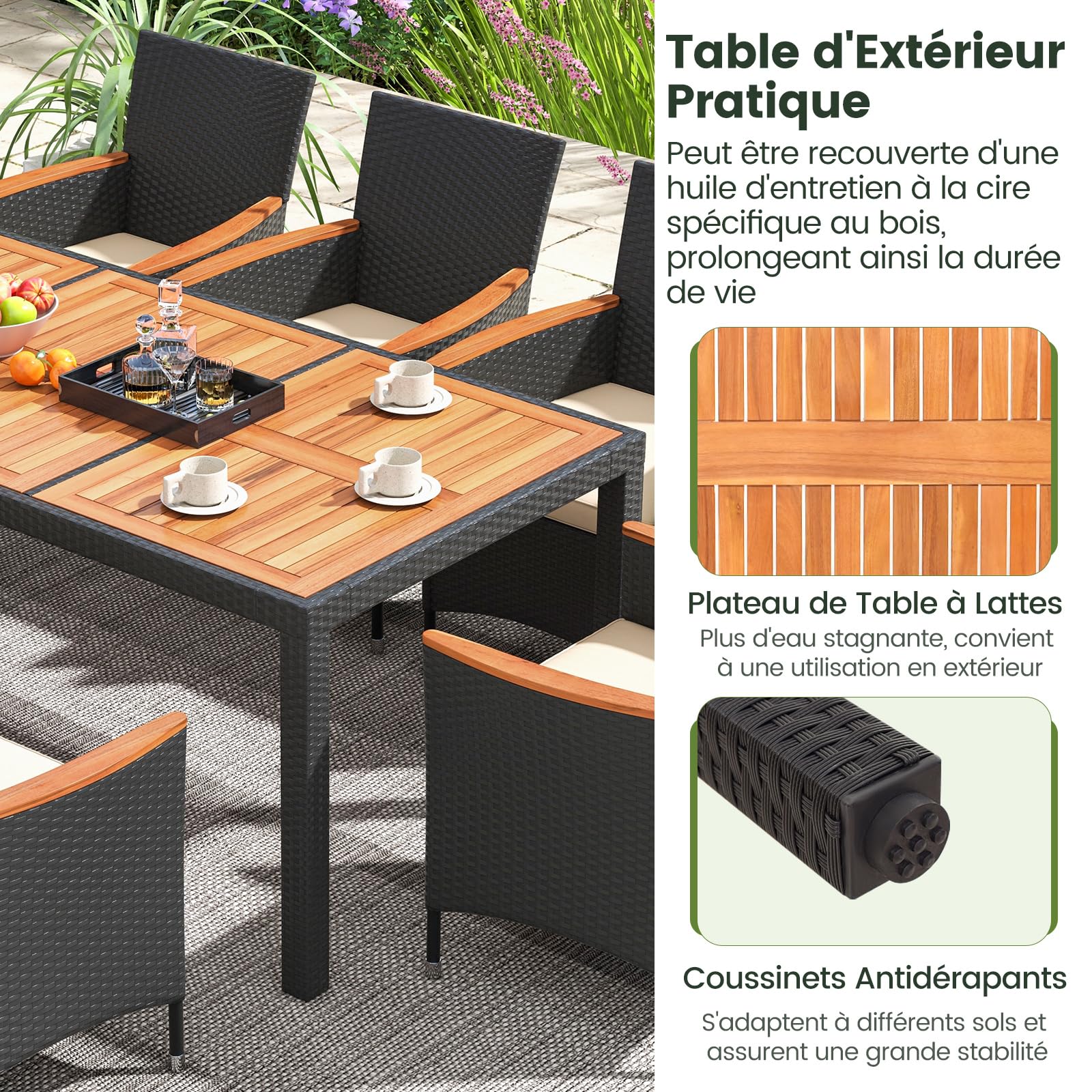COSTWAY Salon de Jardin en Rotin 9 Pièces pour 8 Personnes Plateau de Table en Acacia, Ensemble de Salle à Manger de Patio avec Coussins Amovibles Trou pour Parasol, Chaise Charge 180KG, Noir+Beige