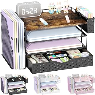 gianotter Wood Desk Organizers and Accessories with File Holder, 4-Tier Desk Accessories & Workspace Organizers with Drawer and Pen Holder, Paper Organizer for Office Supplies (Wood)