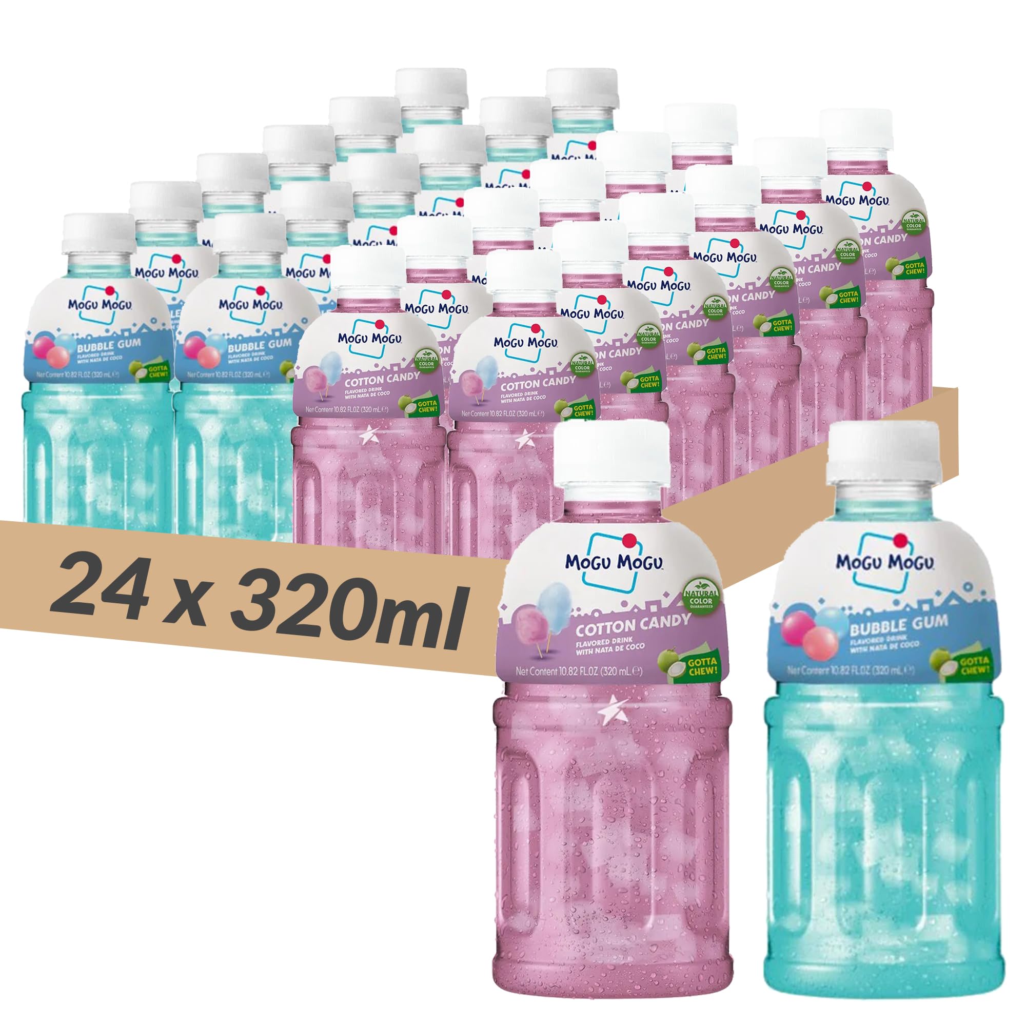 MOGU MOGU Real Fruit Juice with Nata De Coco 320ml | Random Flavours Selected ((24 Case (COTTON CANDY + BUBBLE GUM)))