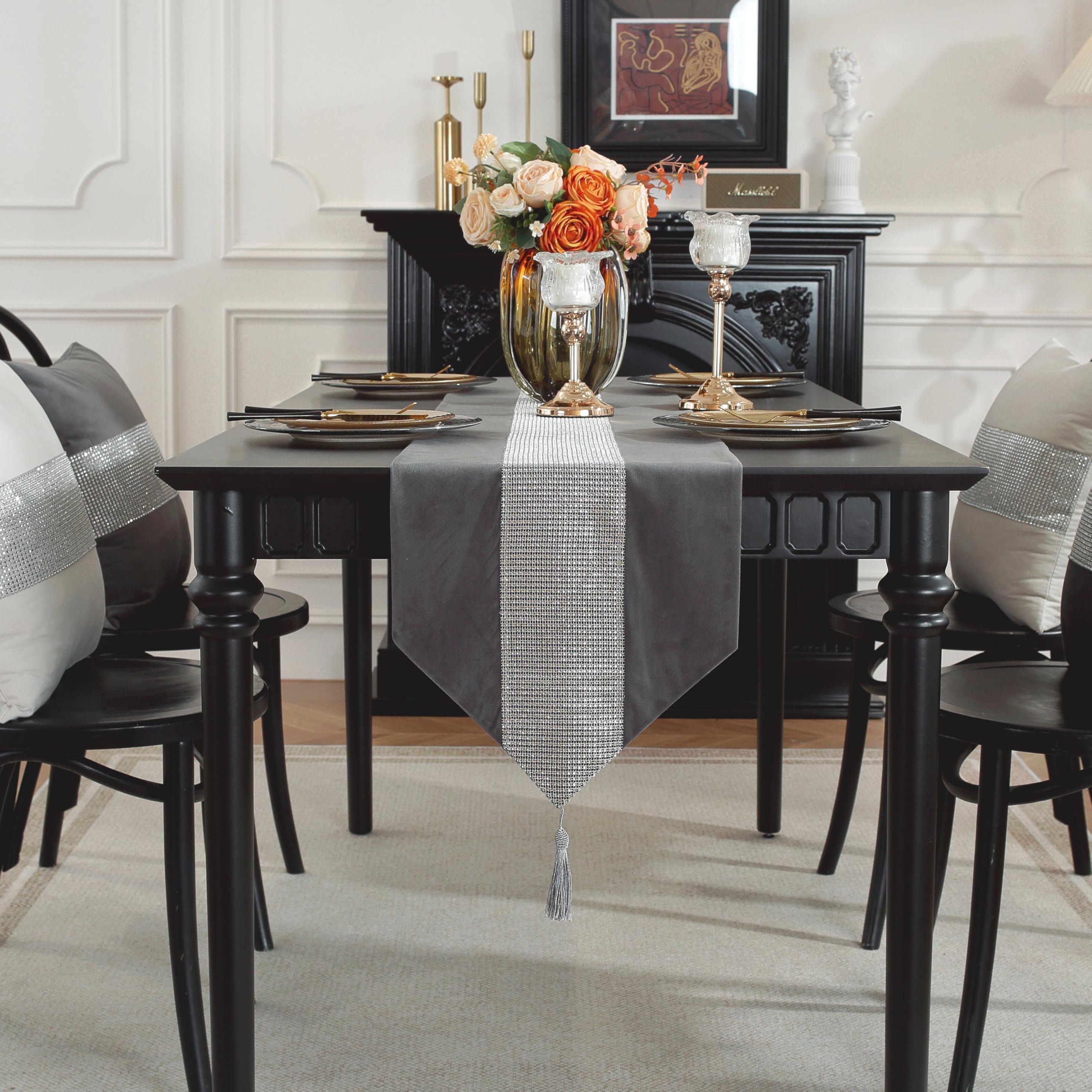 TAOSON Luxury Matching Sequin Patchwork Velvet Table Runner with Silver Diamante Strip and Tassels Wrinkle Table Runners for Kitchen Dining Tabletop Decoration (13 x 87 Inch) Grey