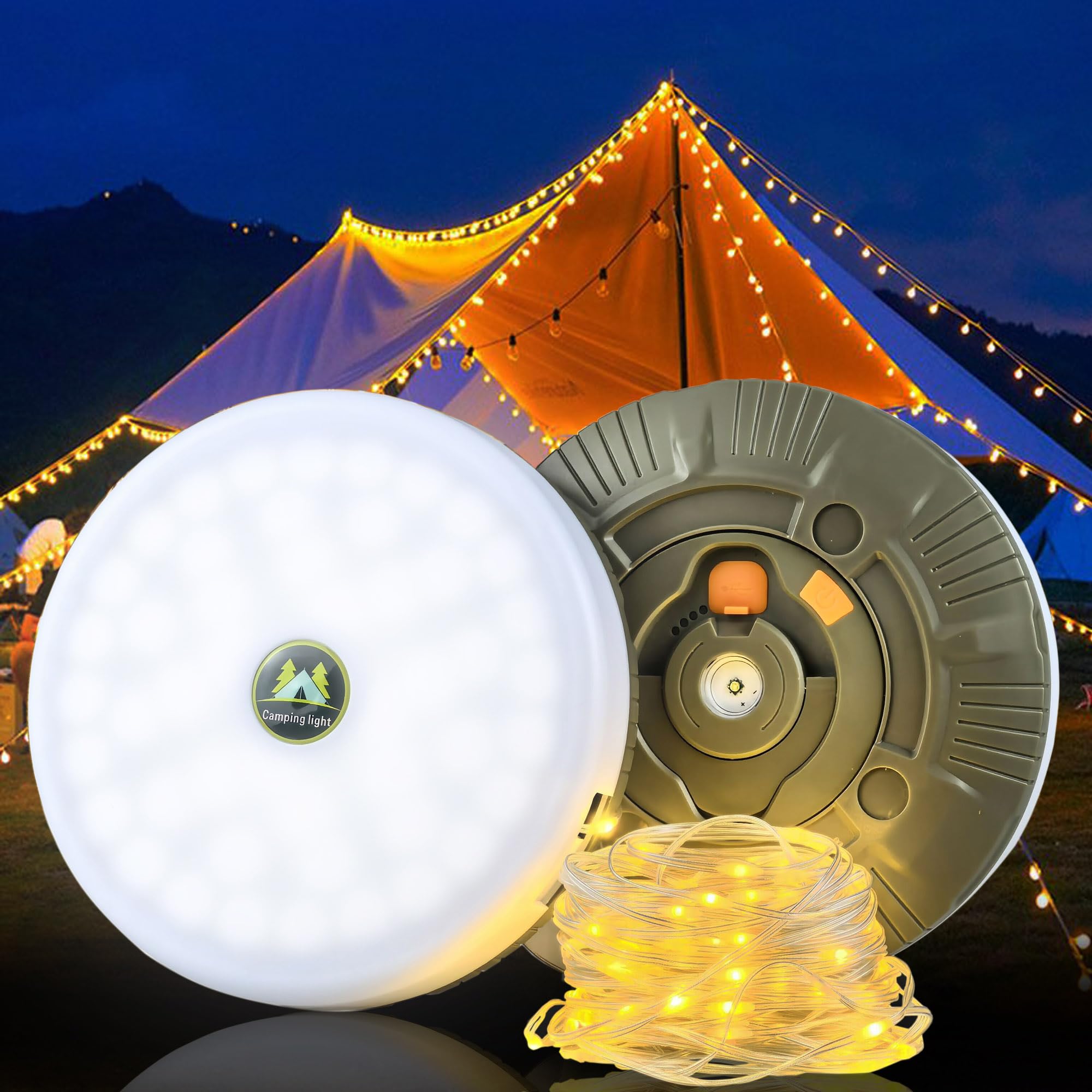 Urvoix Camping Light String for Tent, 65ft Retractable Outdoor Lights String Tent Lights for Camping, Quick Recovery, Waterproof LED Rechargeable Camp Lamp for Party Patio Balcony Decor